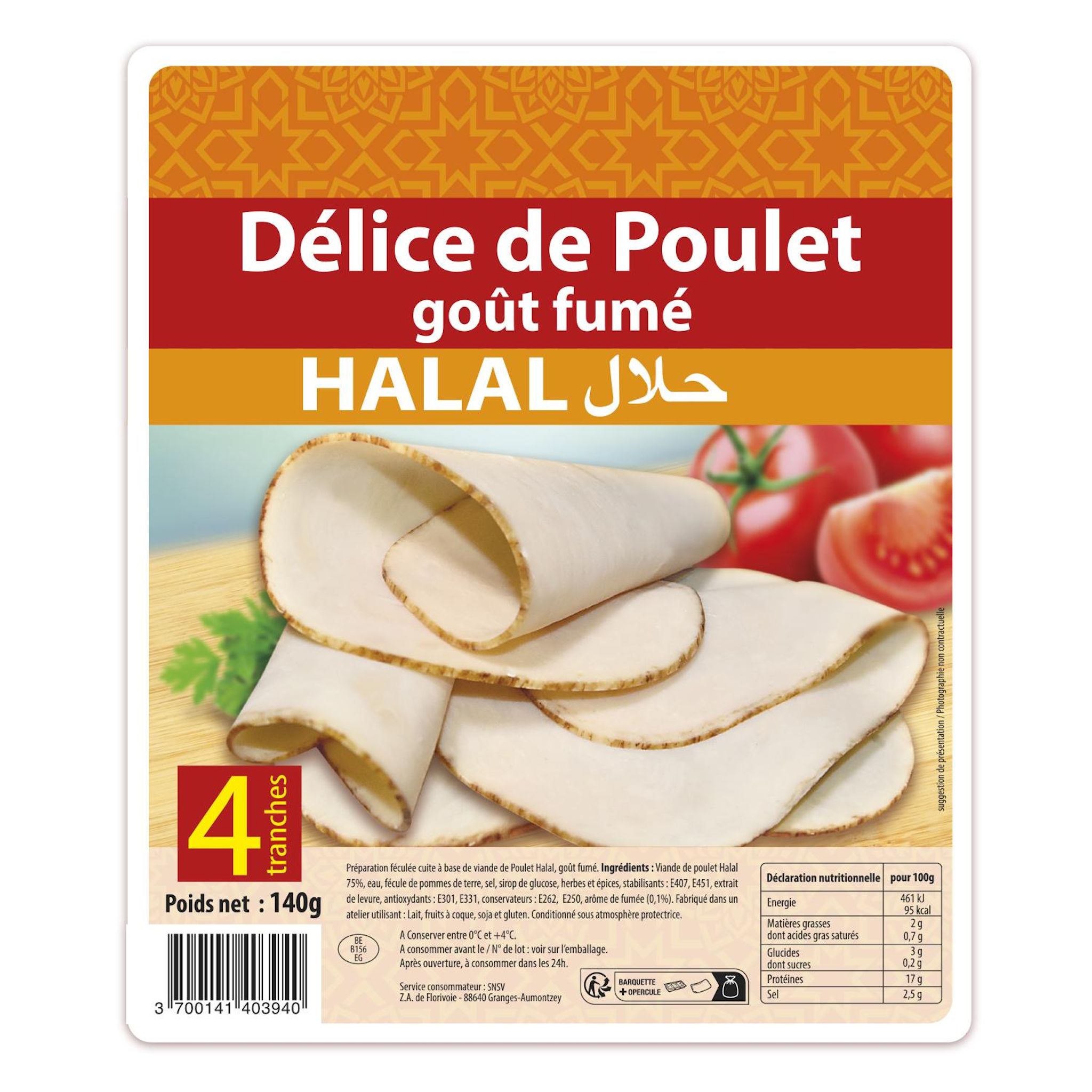 LES DELICES D'ORIENT Jambon de poulet fumé halal 4 tranches 140g