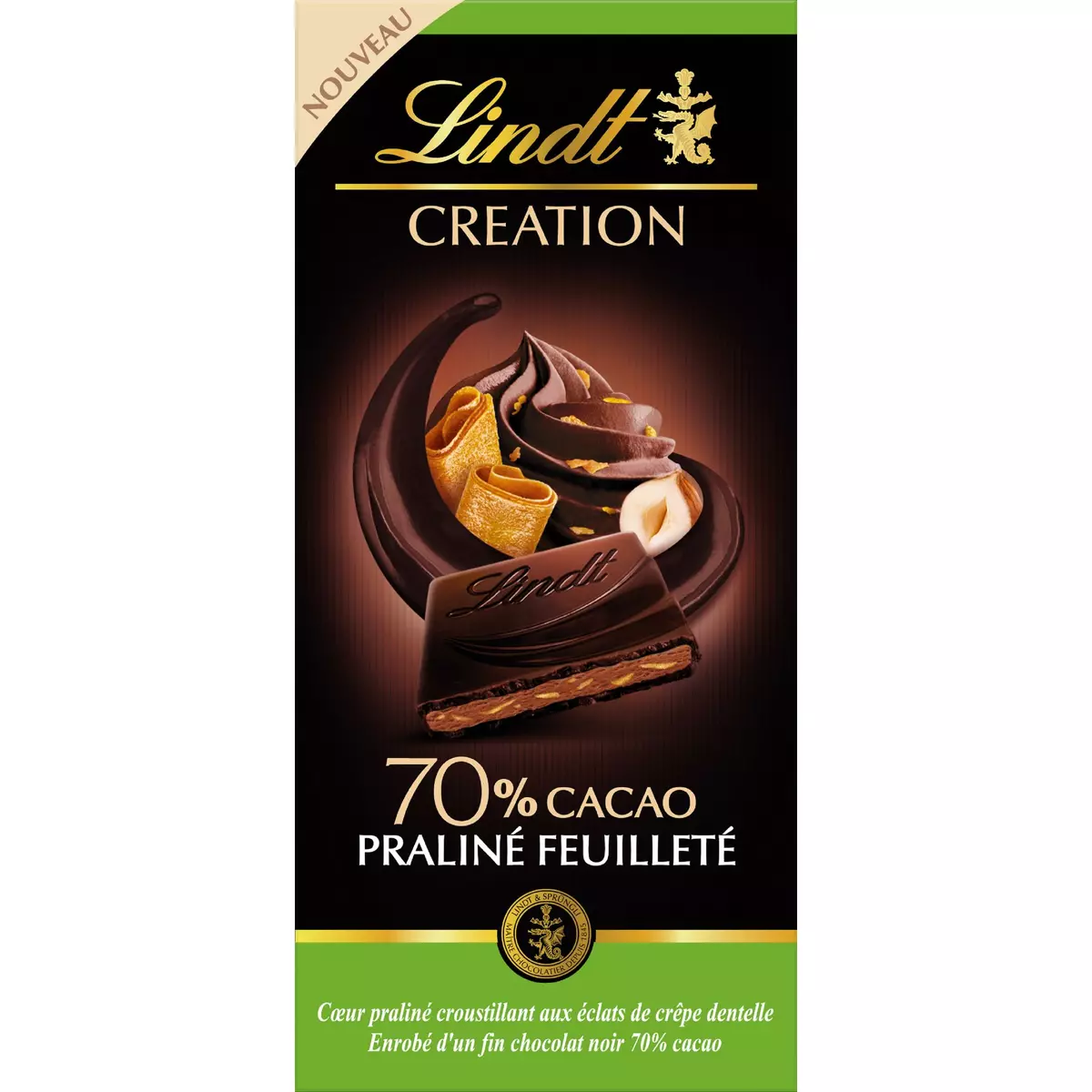 LINDT Création tablette de chocolat noir 70% cacao praliné feuilleté 1 pièce 150g