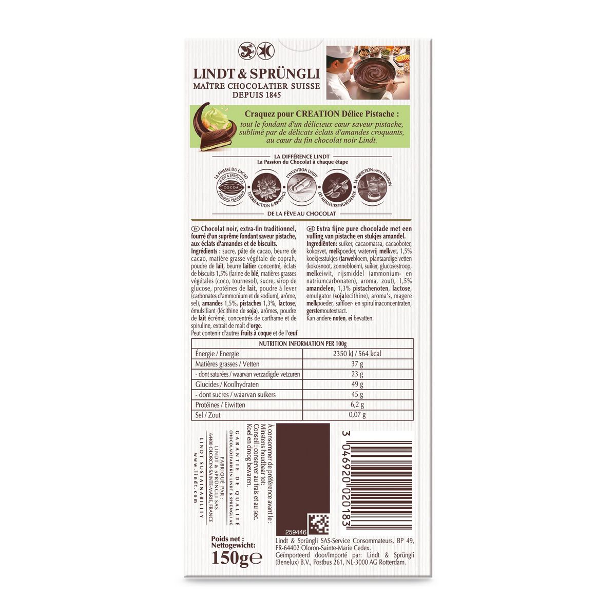 LINDT Création Tablette de chocolat noir délice pistache amande 1 pièce 150g