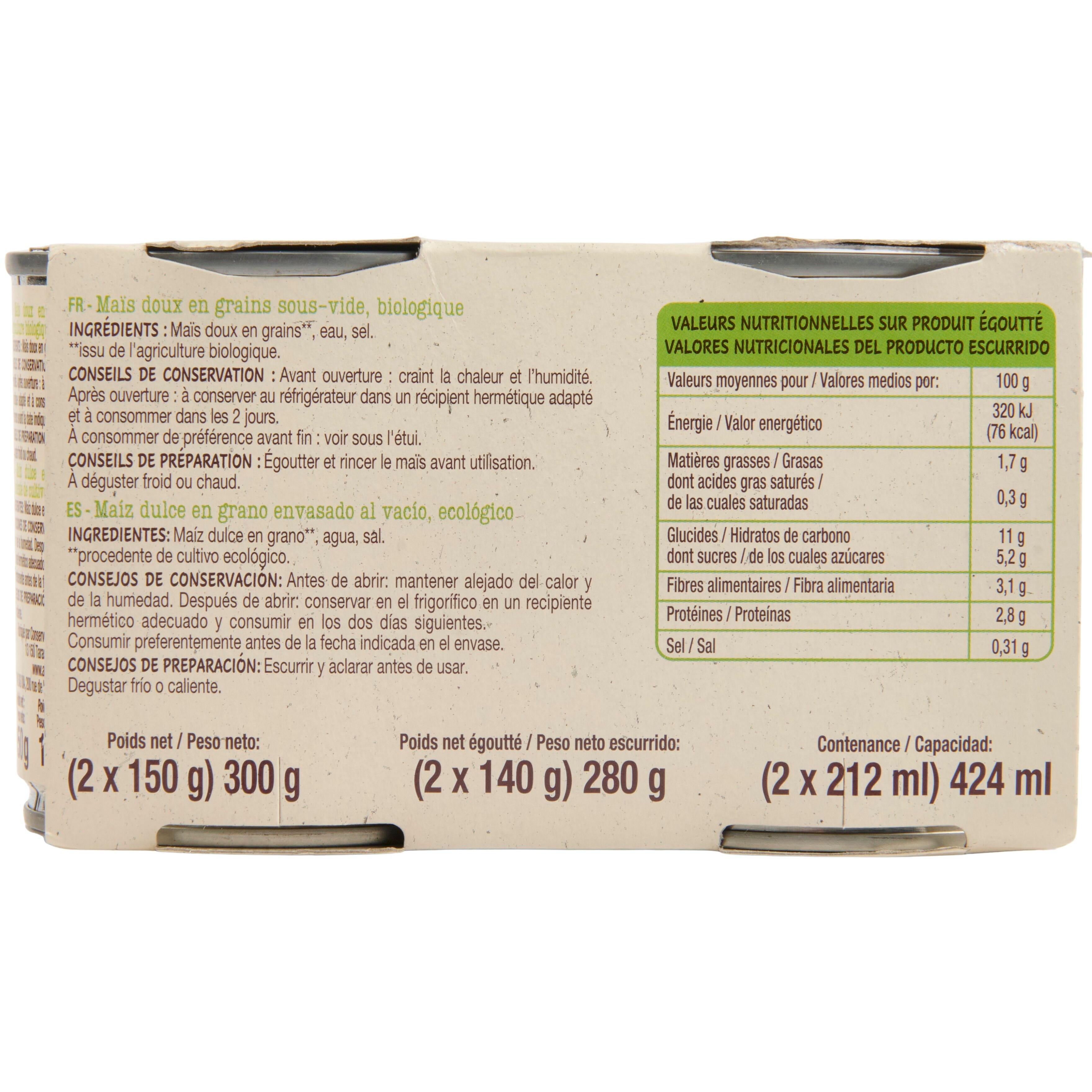 Voir la diapositive 4 : AUCHAN BIO Maïs doux en grains sans sucres ajoutés 2x140g