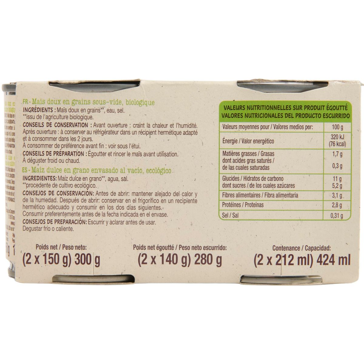 AUCHAN BIO Maïs doux en grains sans sucres ajoutés 2x140g