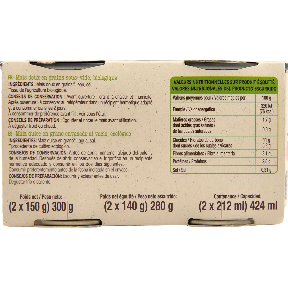 AUCHAN BIO Maïs doux en grains sans sucres ajoutés 2x140g