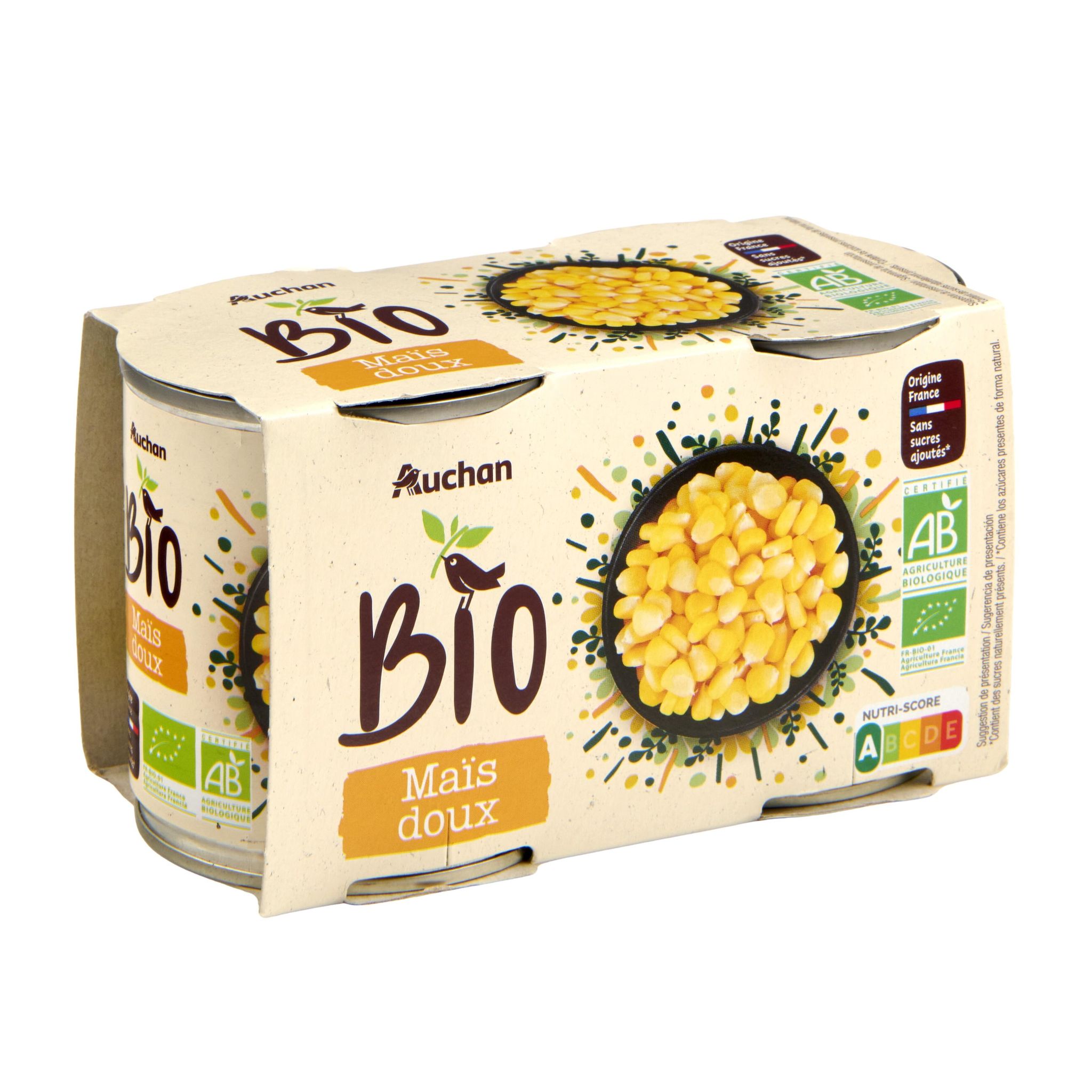 Voir la diapositive 5 : AUCHAN BIO Maïs doux en grains sans sucres ajoutés 2x140g