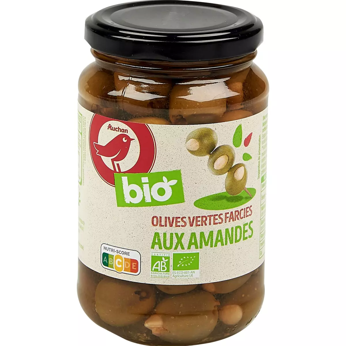 AUCHAN BIO Olives vertes farcies aux amandes bocal 190g