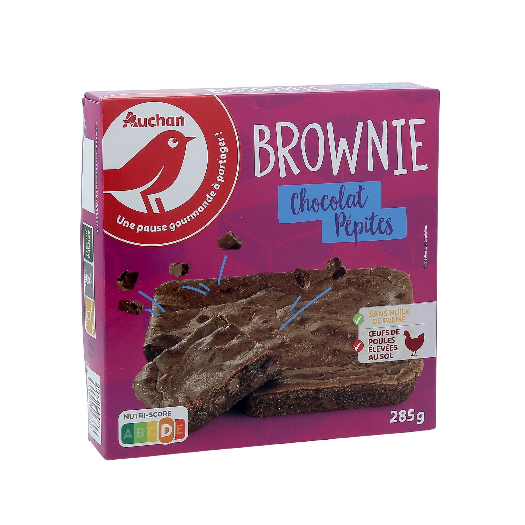 Voir la diapositive 2 : AUCHAN Brownie au chocolat et pépites sans huile de palme environ 6 parts 285g