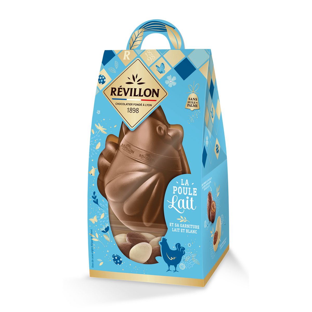 REVILLON CHOCOLATIER Moulage poule au chocolat au lait et ses petits œufs lait et blanc 1 pièce et oeufs 300g