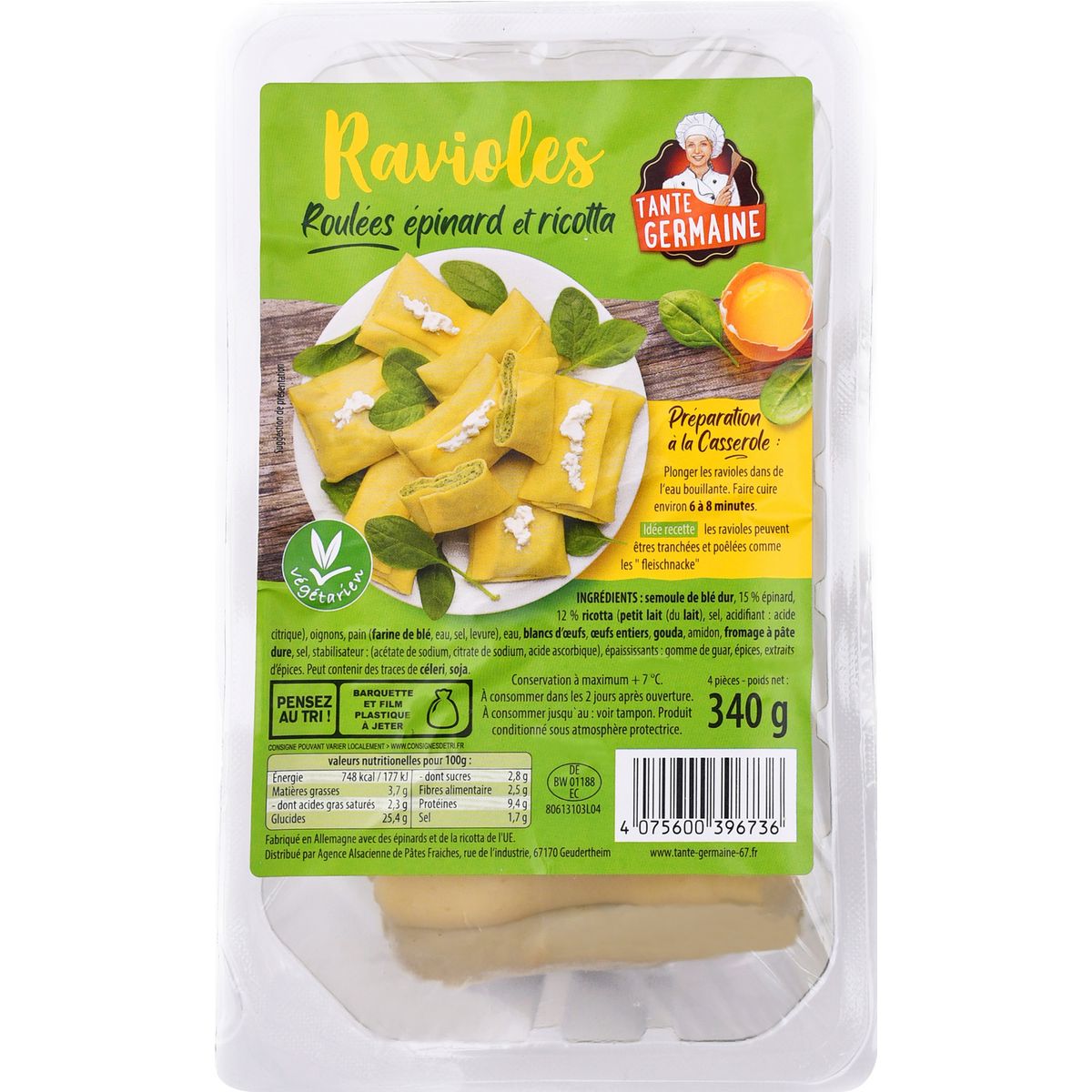 TANTE GERMAINE Ravioles roulées aux épinards et ricotta 340g