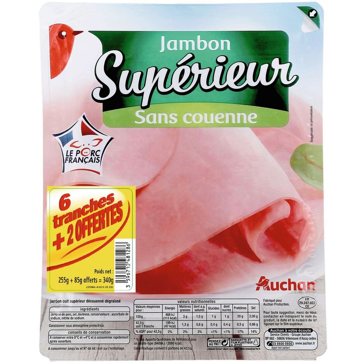 AUCHAN Jambon supérieur dégraissé découenné 6 tranches + 2 offertes 340g