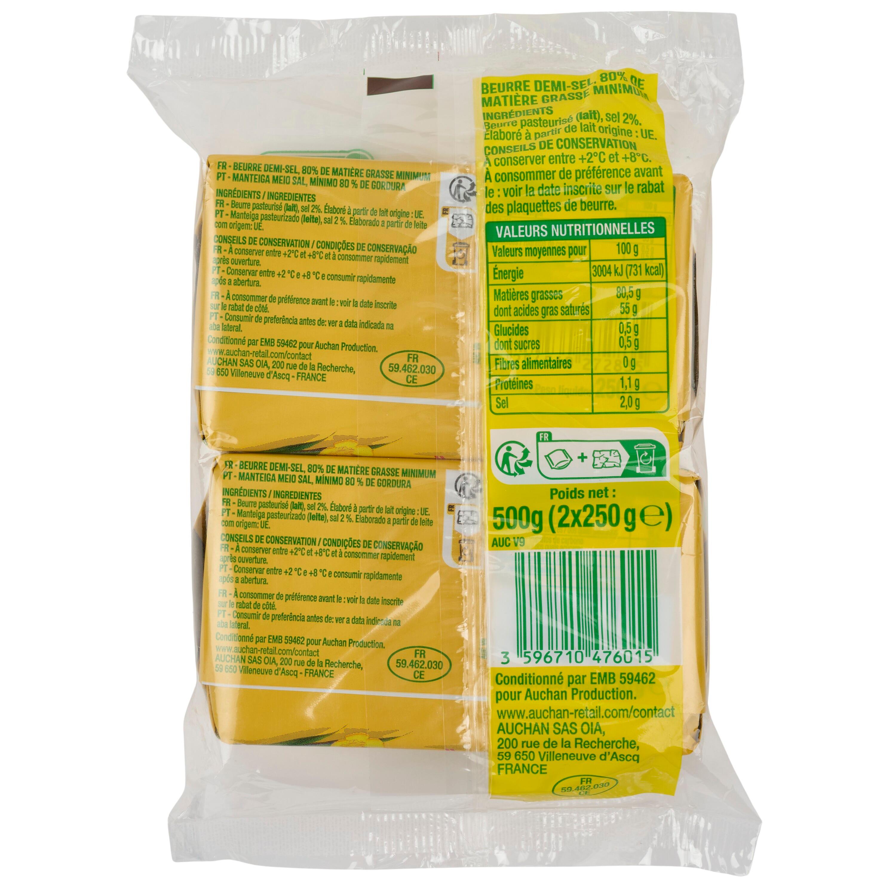 Voir la diapositive 2 : AUCHAN Beurre demi-sel 80.5%MG 2x250g 500g