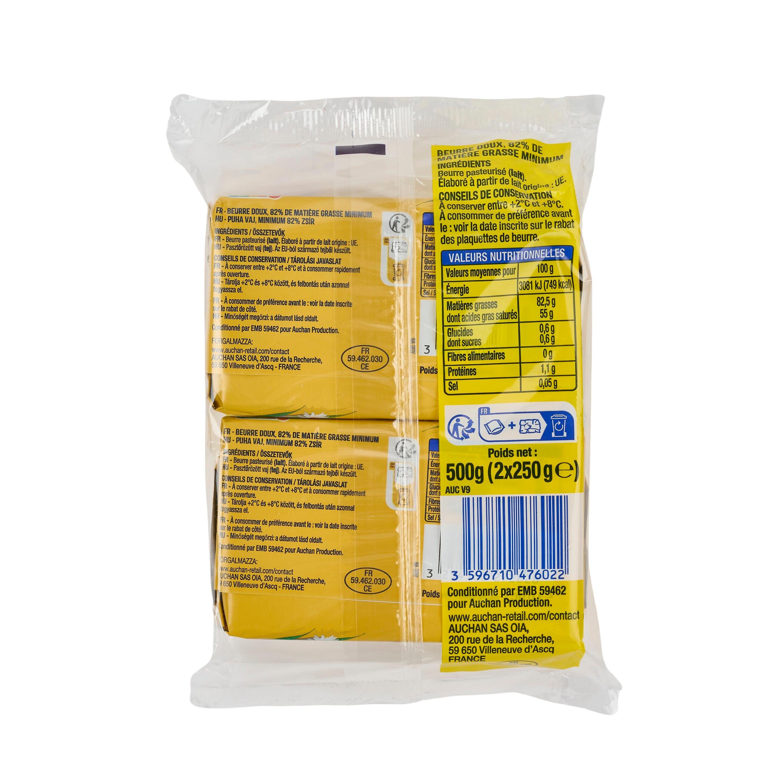 Voir la diapositive 2 : AUCHAN Beurre doux 82.5%MG 2x250g 500g