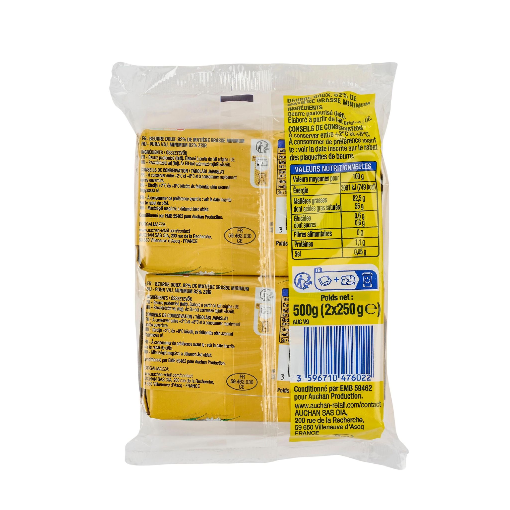 Voir la diapositive 2 : AUCHAN Beurre doux 2x250g 500g