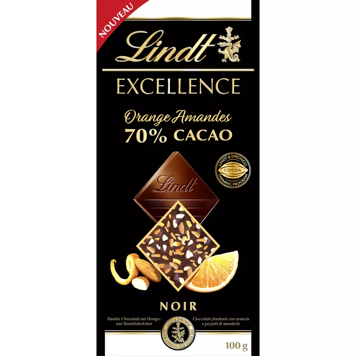 LINDT Excellence Tablette chocolat noir orange amandes 70% 100g