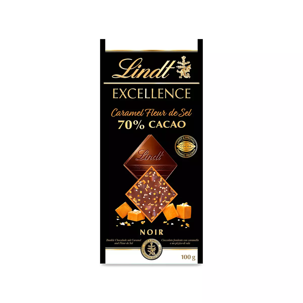 LINDT Excellence tablette de chocolat noir 70% avec éclats caramel de sel 1 pièce 100g