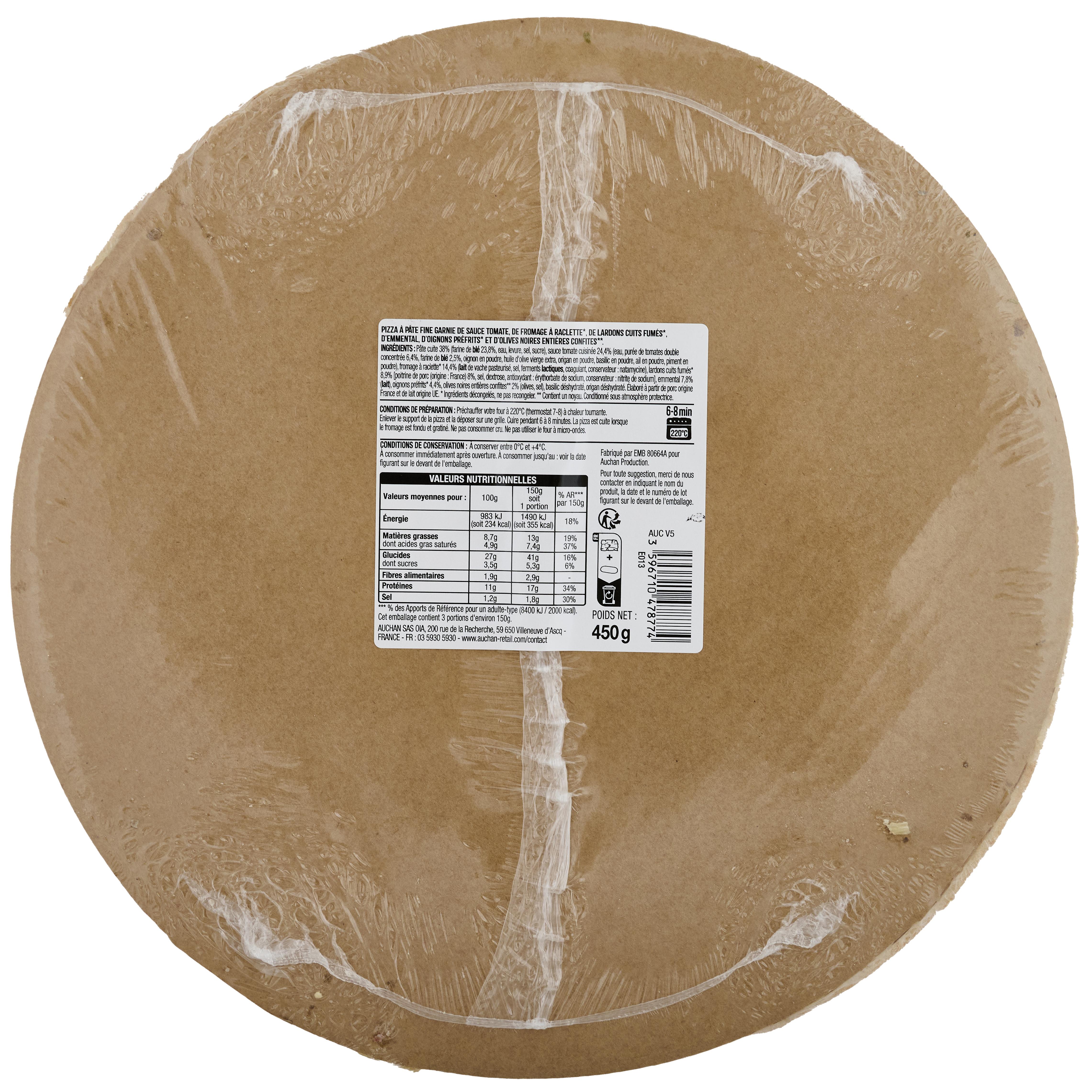 Voir la diapositive 2 : AUCHAN Pizzas raclette lardons fumés 3 parts 450g