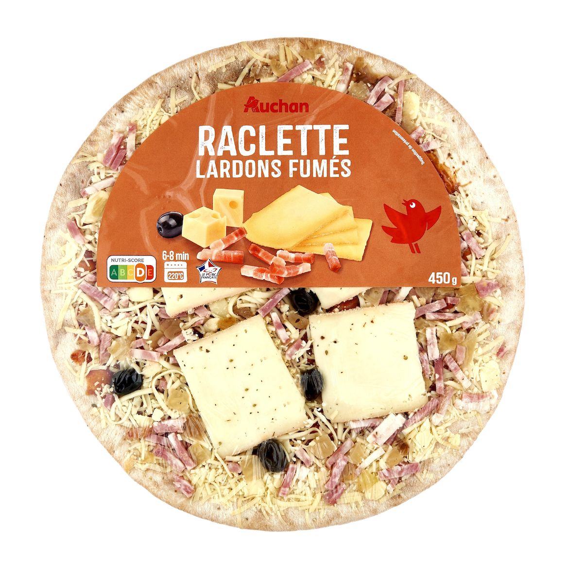 AUCHAN Pizzas raclette lardons fumés 3 parts 450g