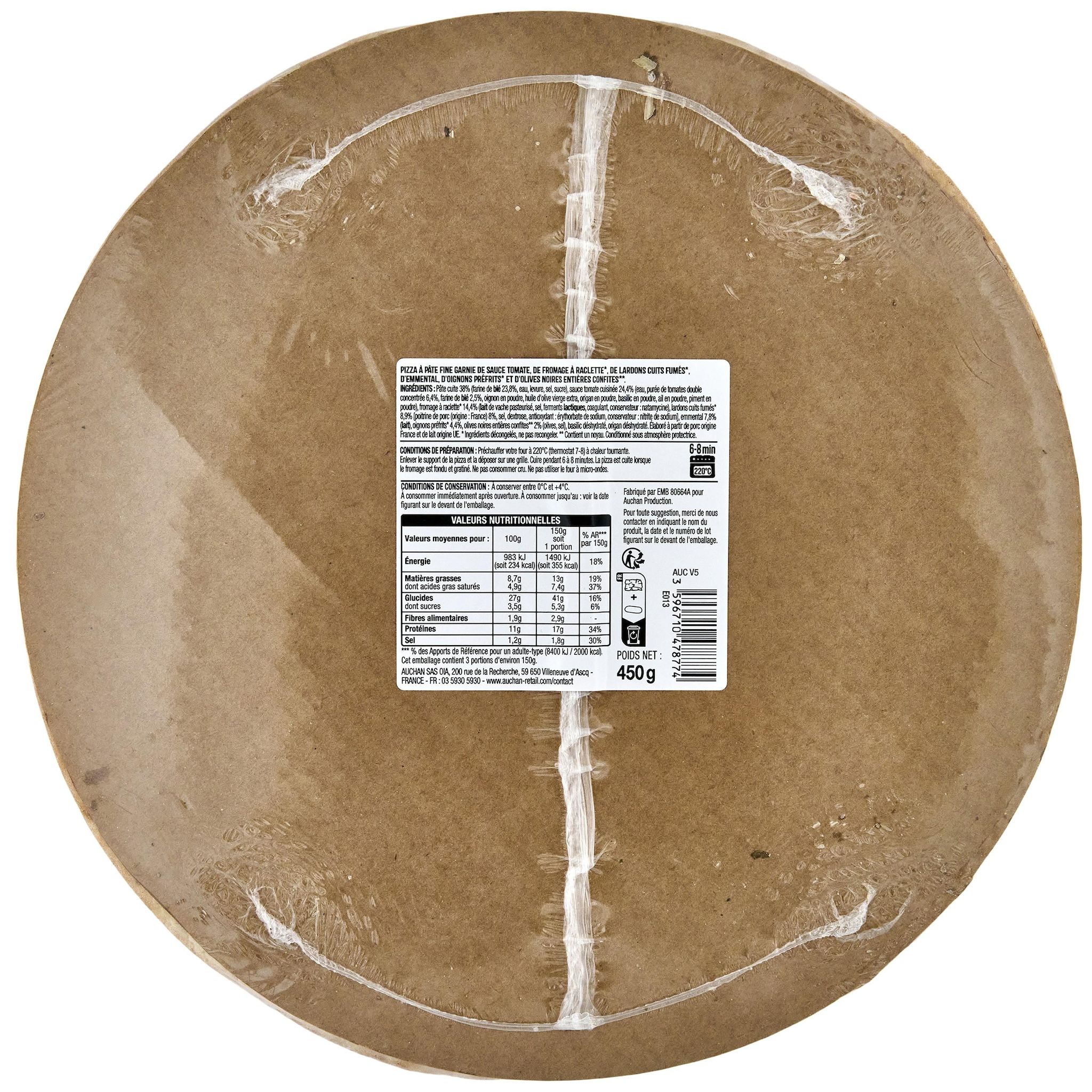 Voir la diapositive 2 : AUCHAN Pizzas raclette lardons fumés 3 parts 450g