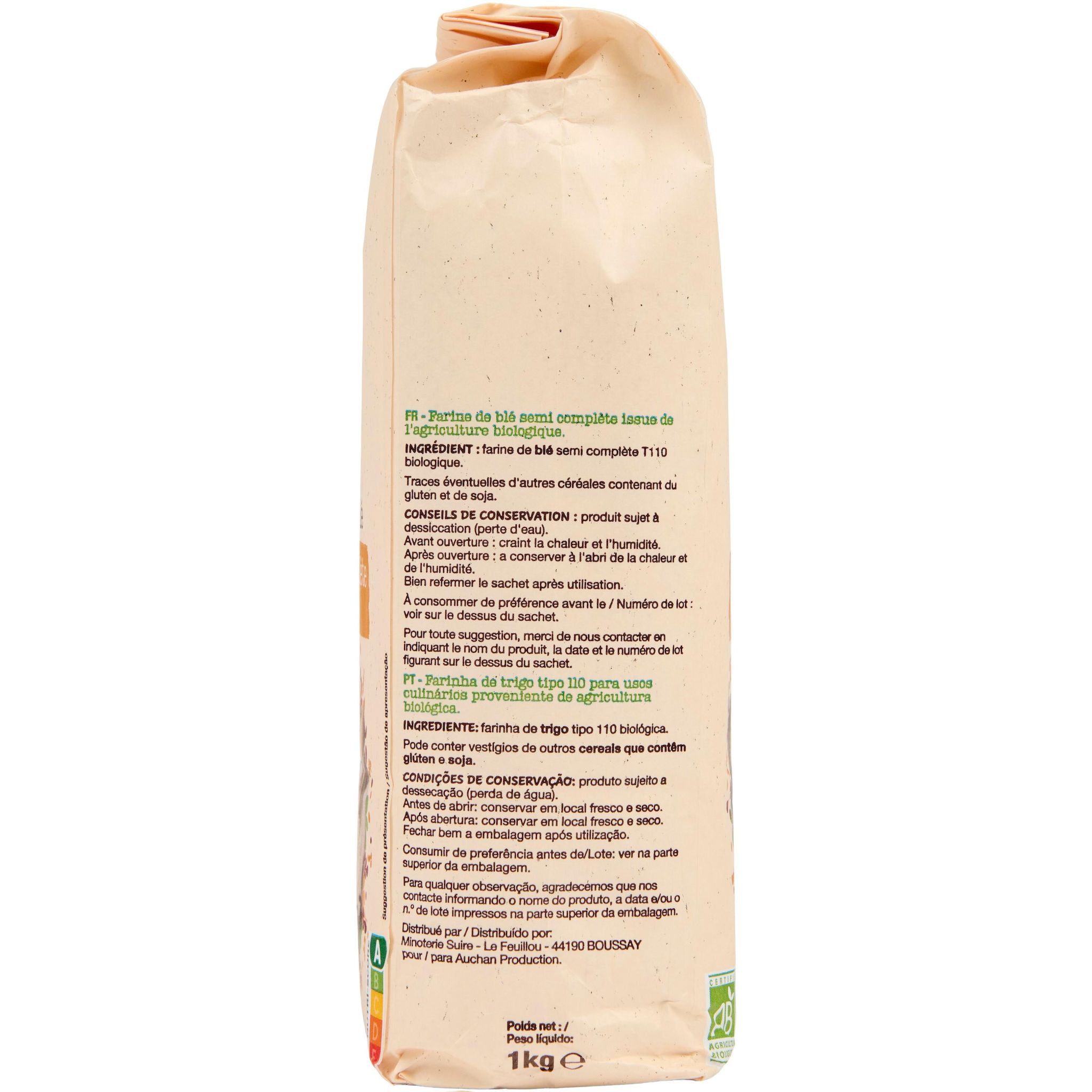 Voir la diapositive 2 : AUCHAN BIO Farine de blé semi-complète T110 1kg