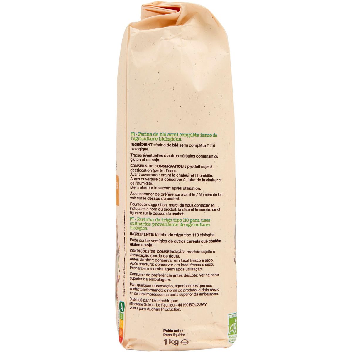 AUCHAN BIO Farine de blé semi-complète T110 1kg