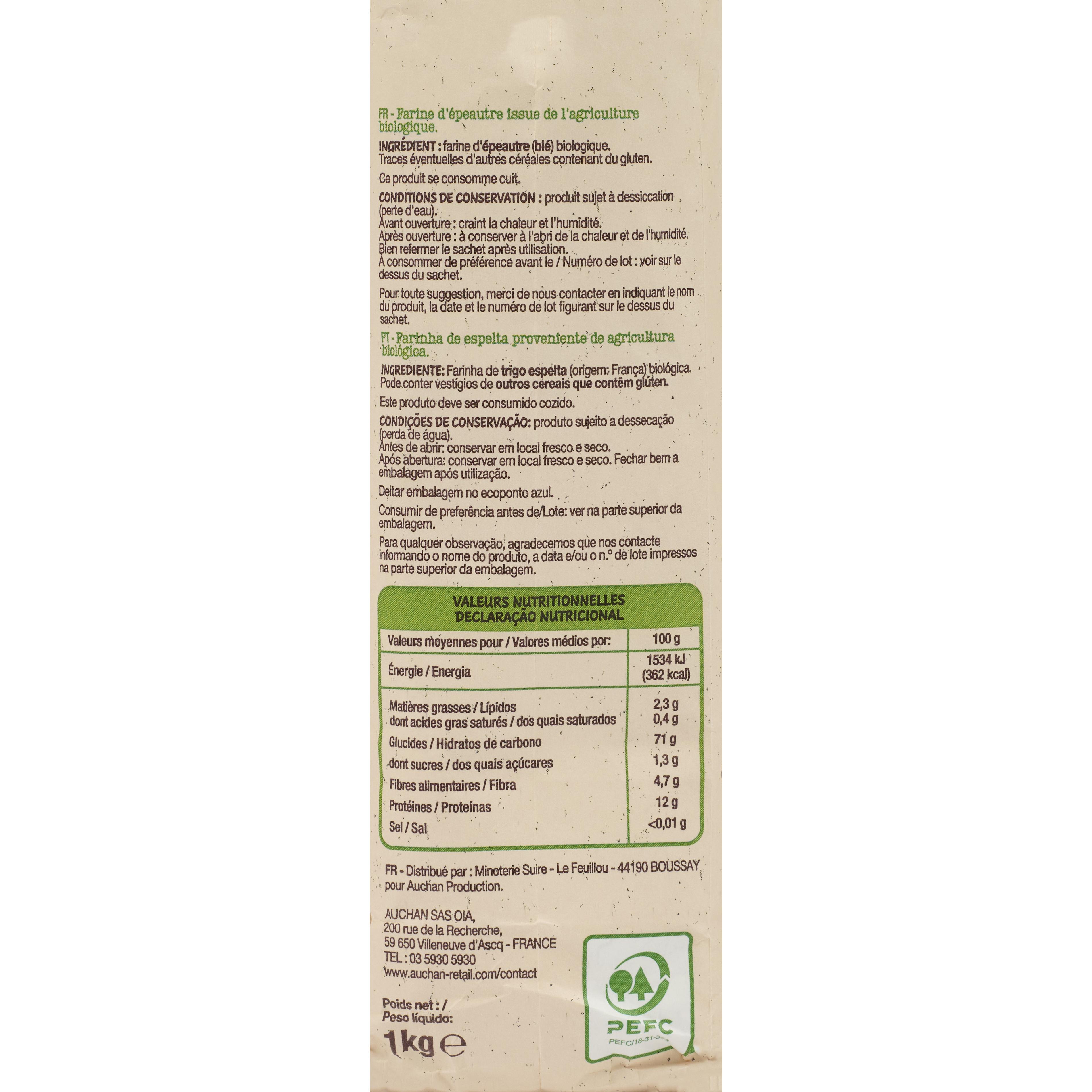 Voir la diapositive 4 : AUCHAN BIO CULTIVONS LE BON Farine d'épeautre 1kg