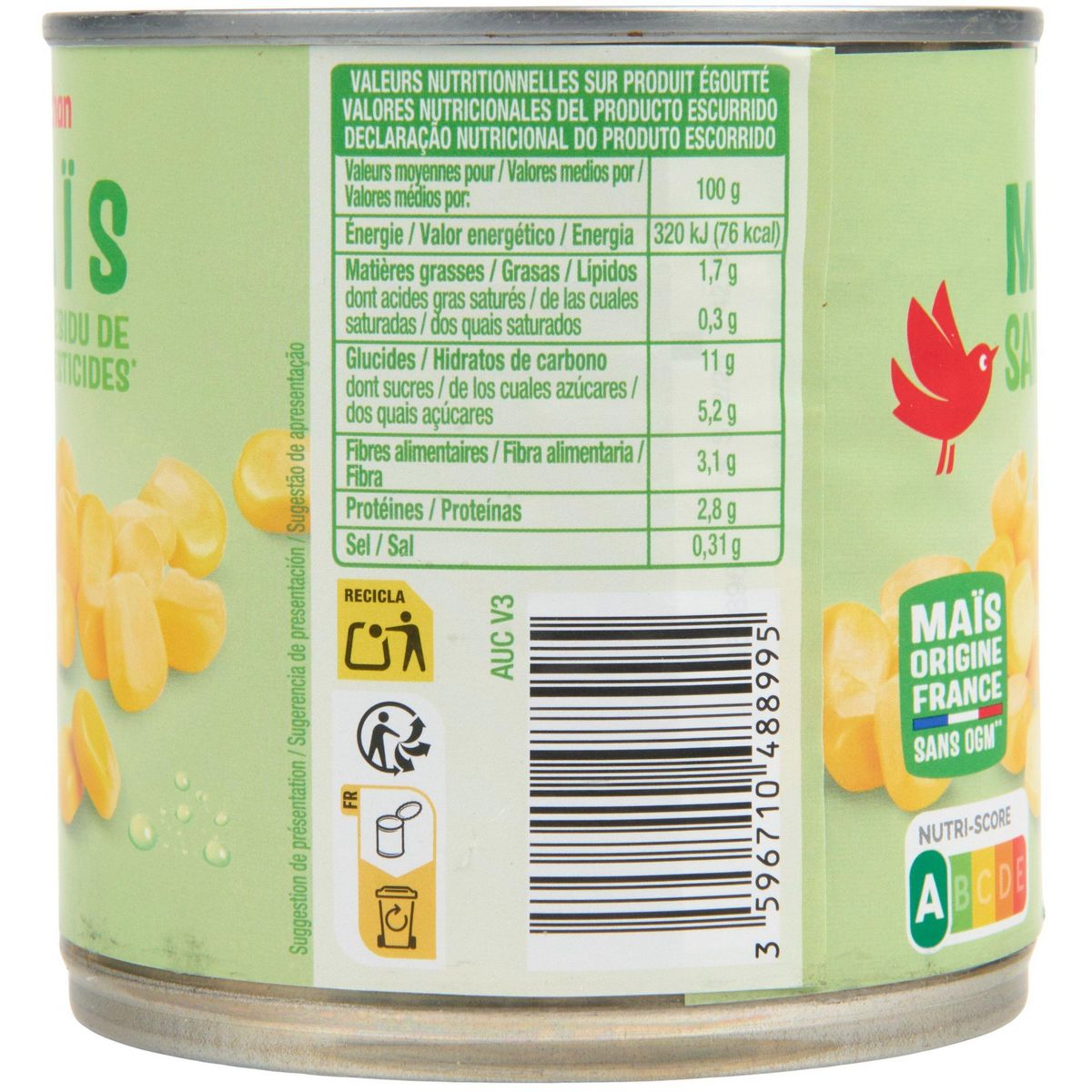 AUCHAN Maïs sans résidu de pesticides 285g