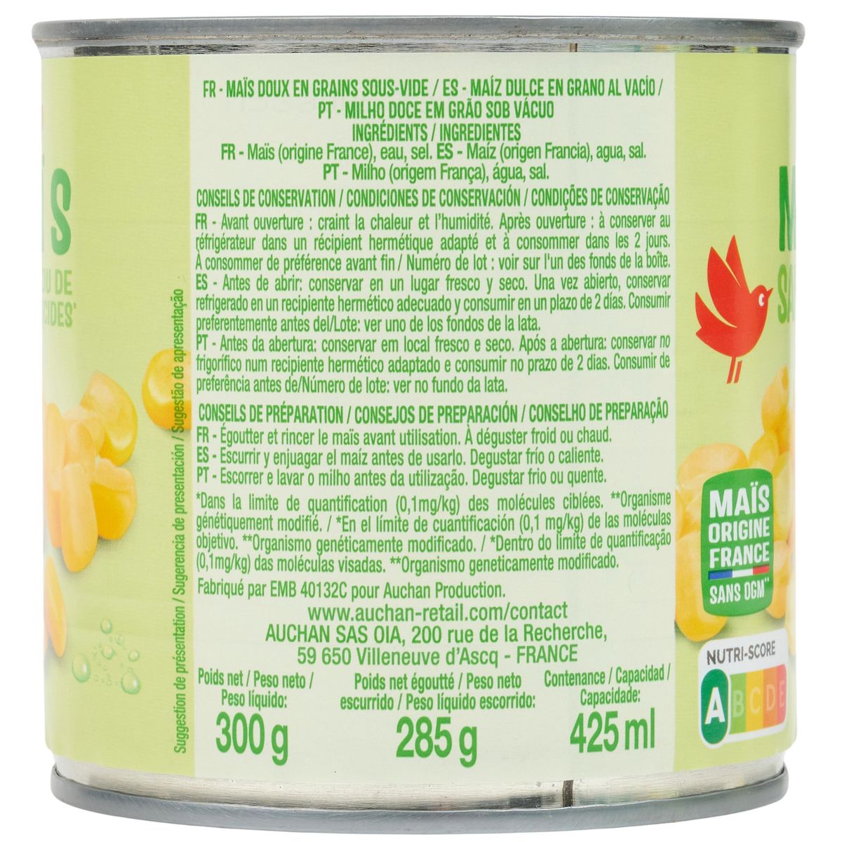 AUCHAN Maïs sans résidu de pesticides 3x285g