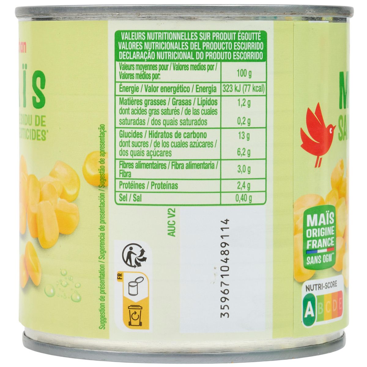 AUCHAN Maïs sans résidu de pesticides 3x285g