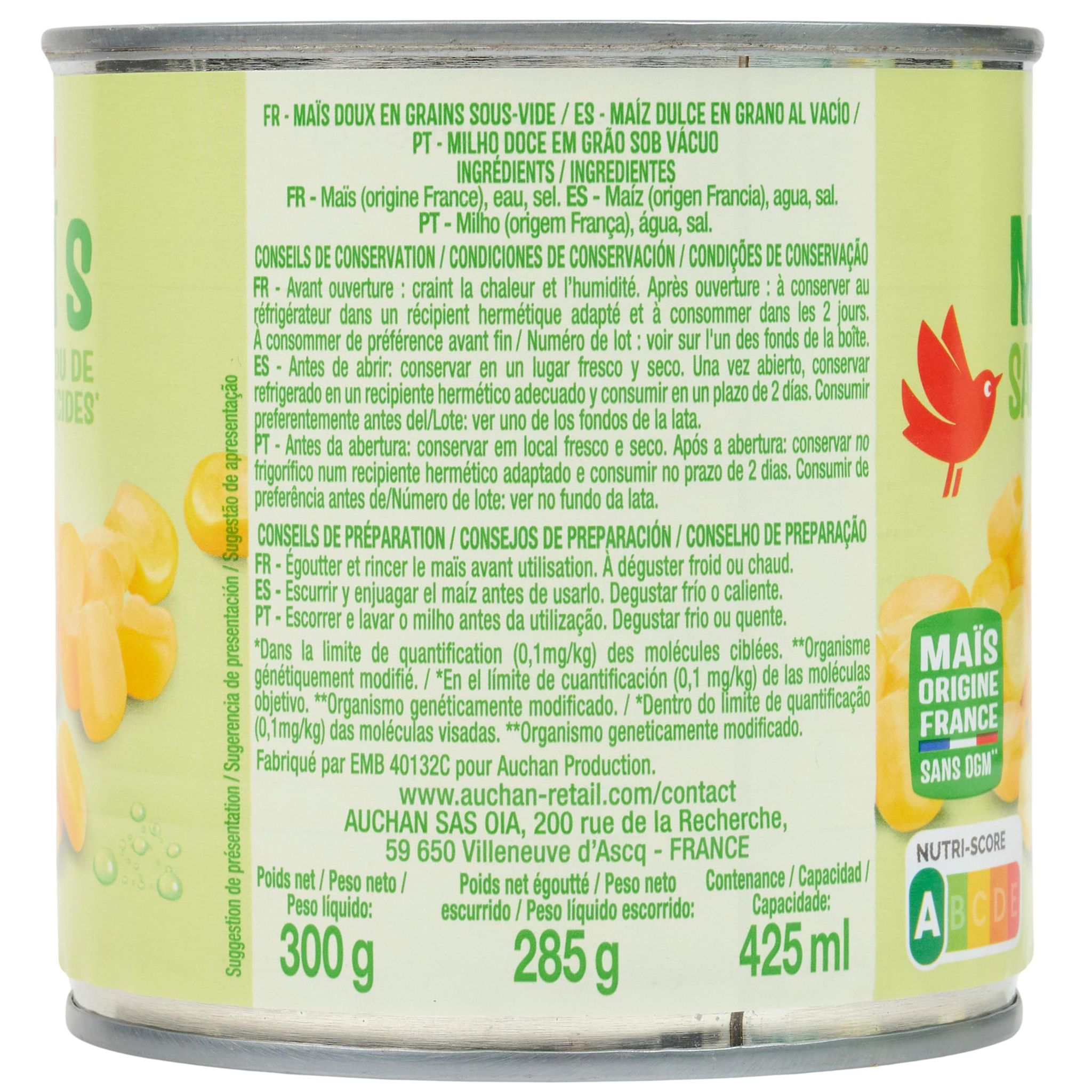 Voir la diapositive 4 : AUCHAN Maïs sans résidu de pesticides 3x285g