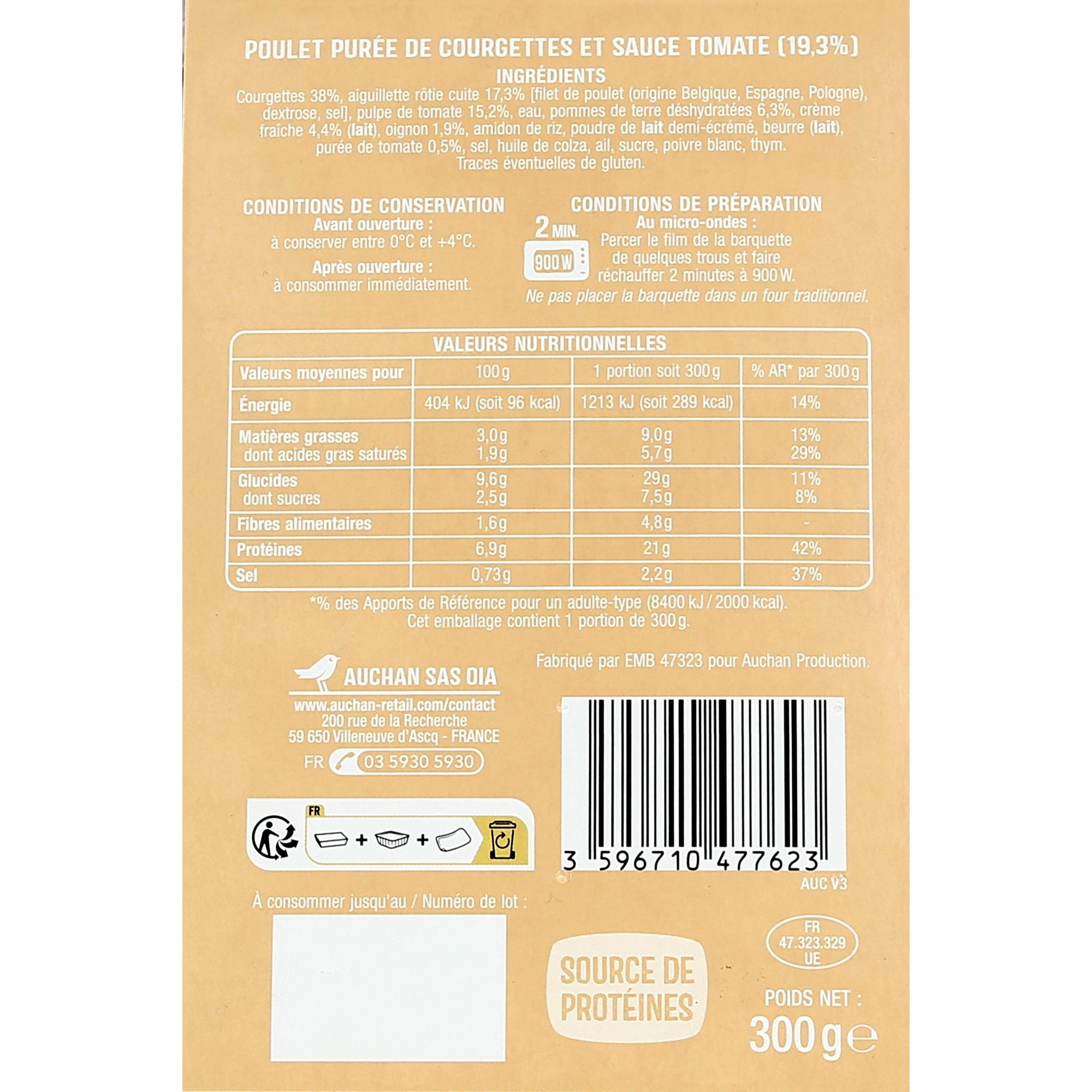 Voir la diapositive 2 : AUCHAN Poulet et purée de courgettes 1 part 300g