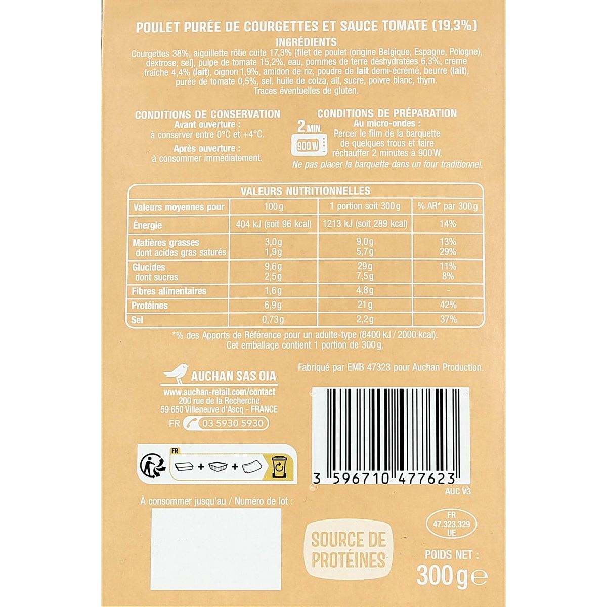 AUCHAN Poulet et purée de courgettes 300g