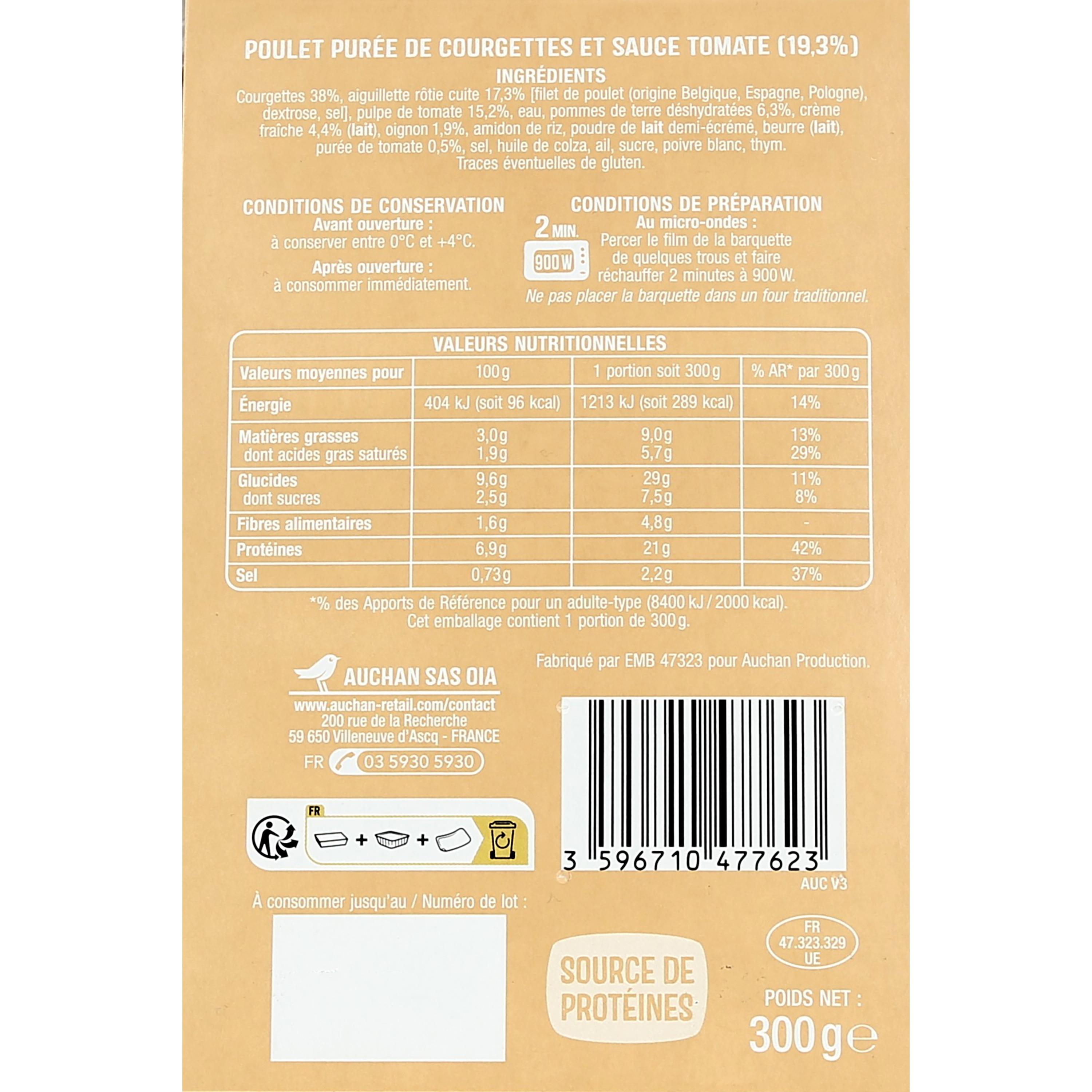 Voir la diapositive 3 : AUCHAN Poulet et purée de courgettes 1 part 300g