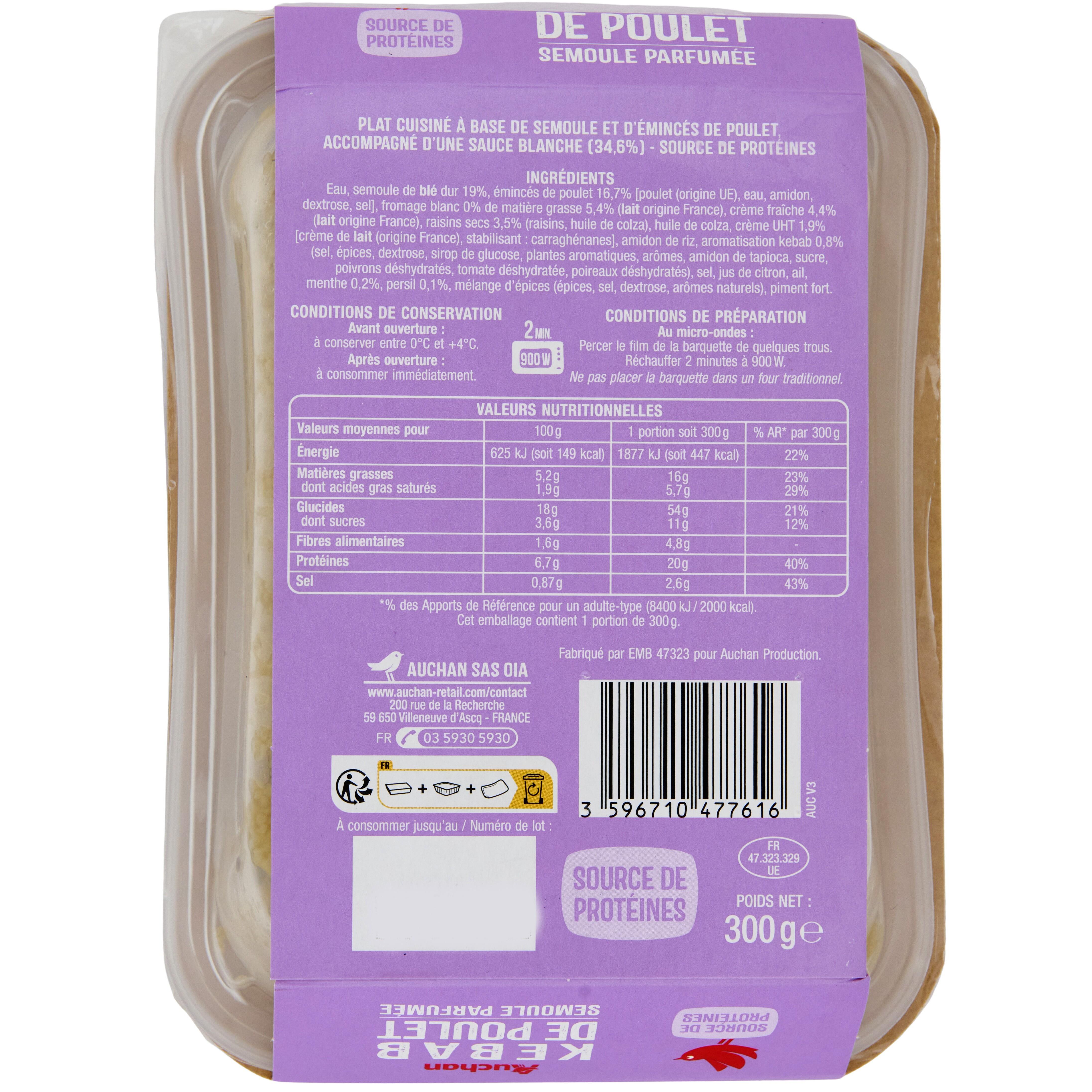 Voir la diapositive 2 : AUCHAN Kébab de poulet et semoule 1 part 300g