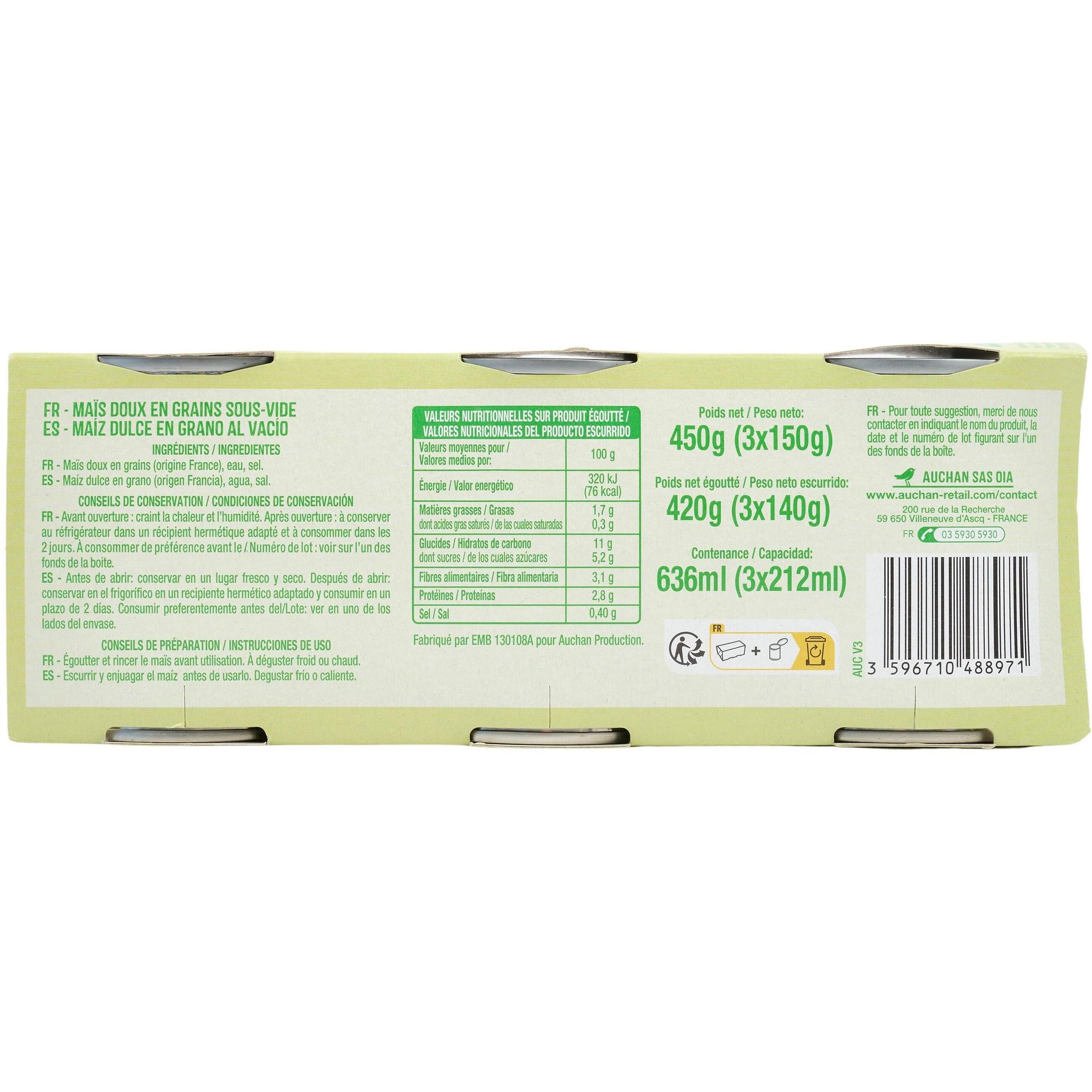 Voir la diapositive 2 : AUCHAN Maïs sans résidu de pesticides 3x140g