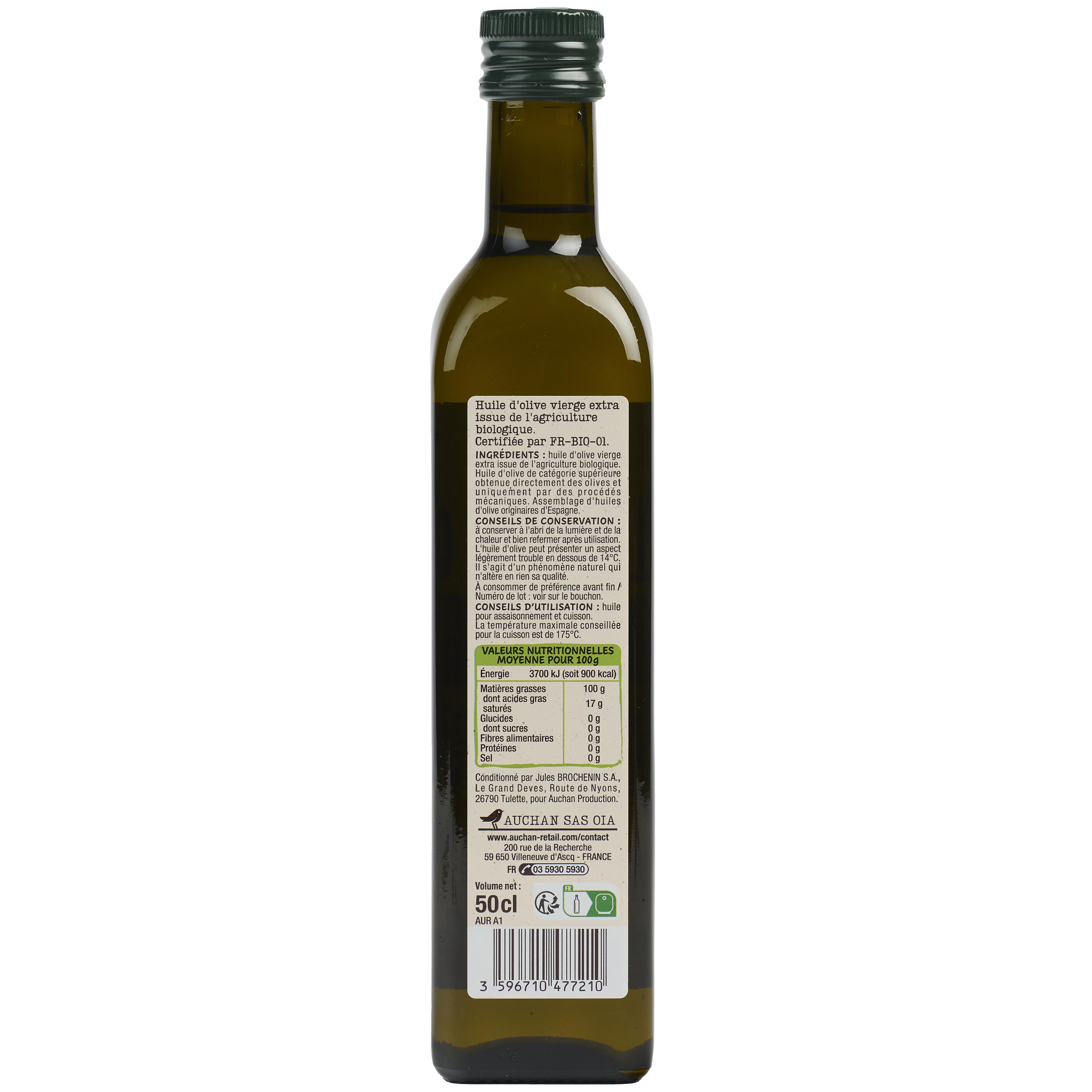 Voir la diapositive 2 : AUCHAN BIO Huile d'olive extra vierge 50cl