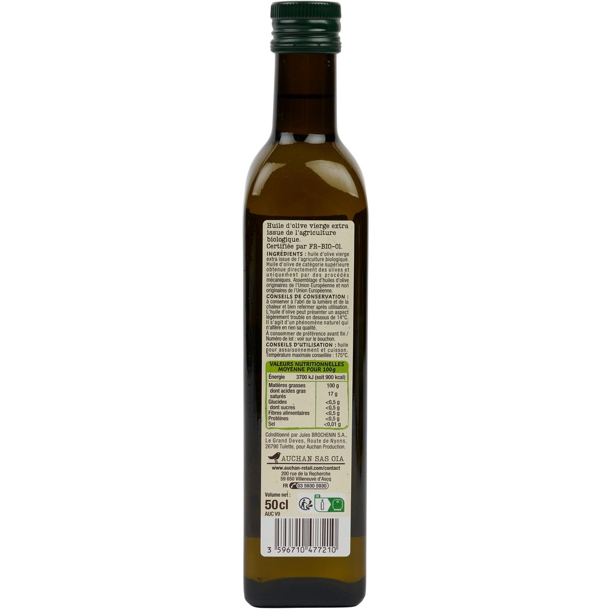 AUCHAN BIO Huile d'olive extra vierge 50cl