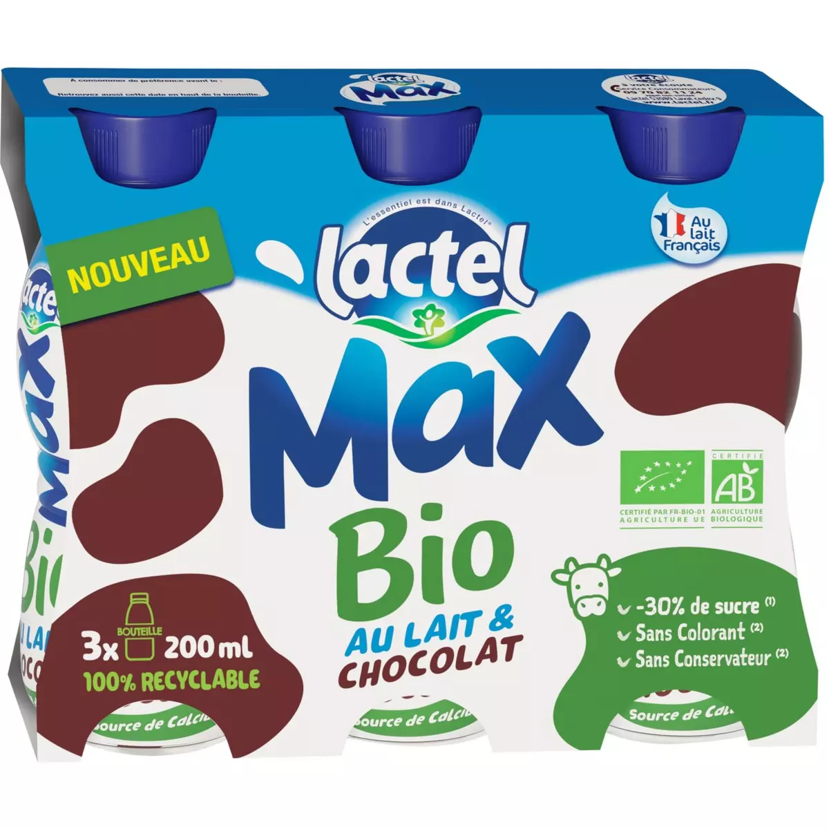 LACTEL Max Lait chocolaté bio 3x20cl