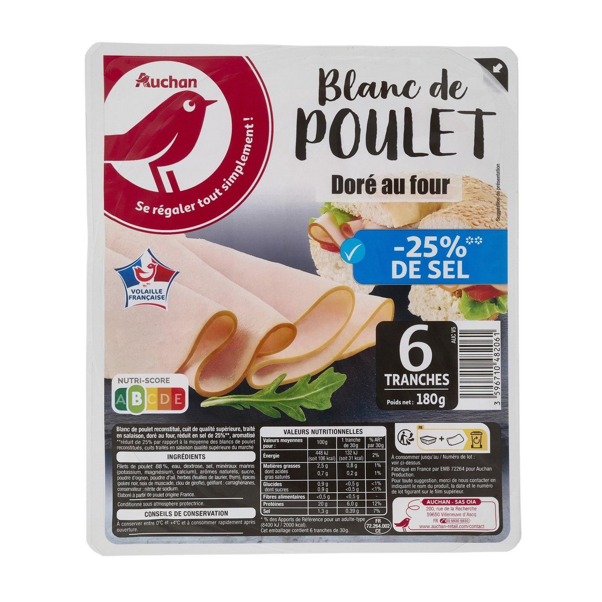 AUCHAN Blanc de poulet taux de sel réduit 6 tranches 180g