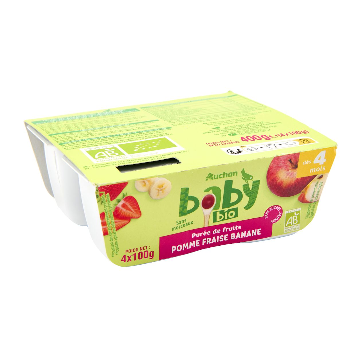 AUCHAN BABY BIO Petit pot dessert pomme fraise banane bio dès 4 mois 4x100g