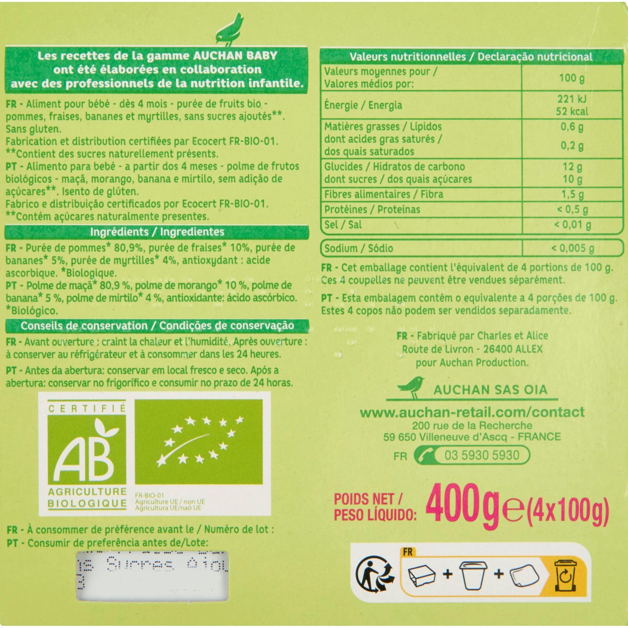 Voir la diapositive 3 : AUCHAN BABY BIO Petit pot dessert pomme fraise banane bio dès 4 mois 4x100g