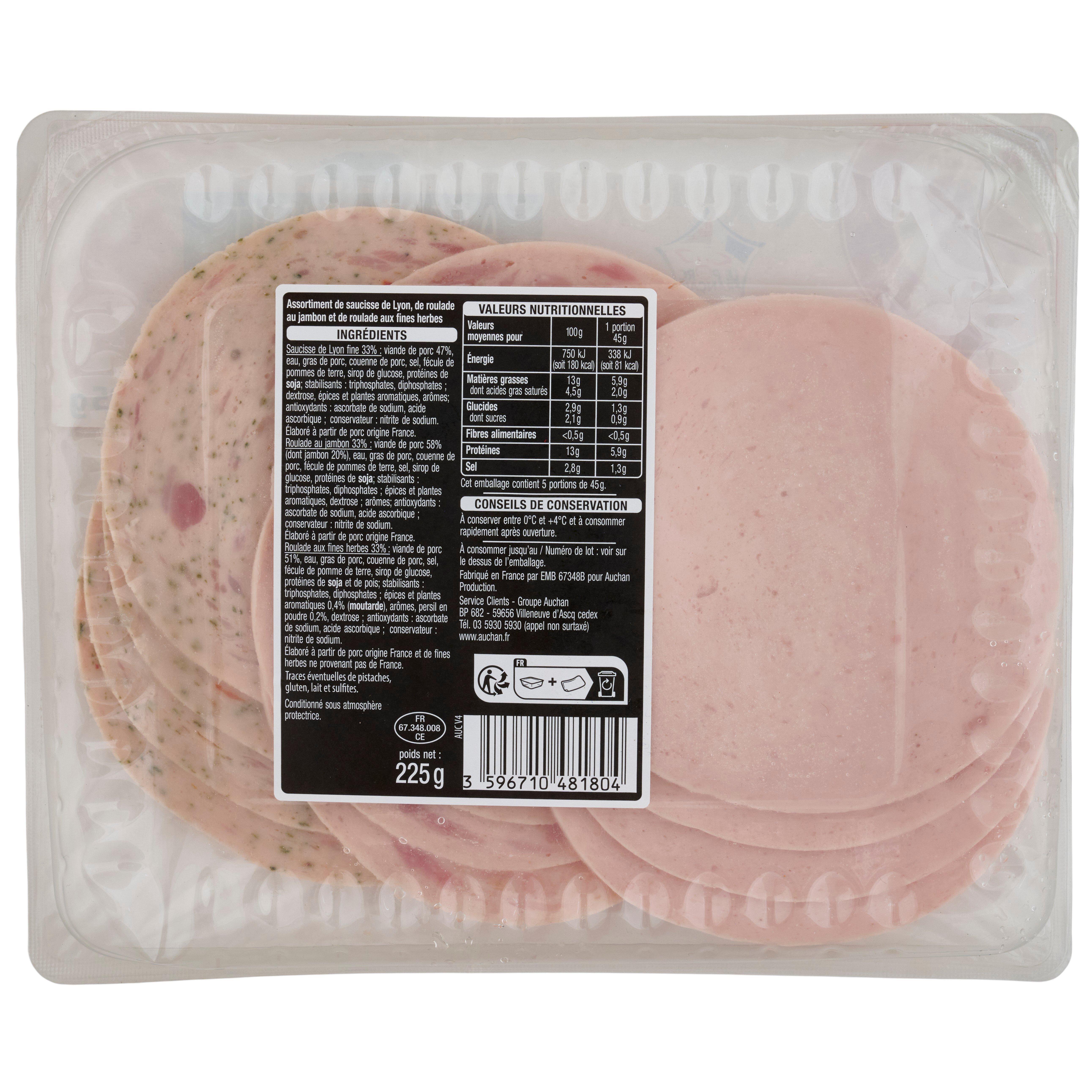 Voir la diapositive 2 : AUCHAN Assortiment roulades jambon, fines herbes et Lyon fines 225g