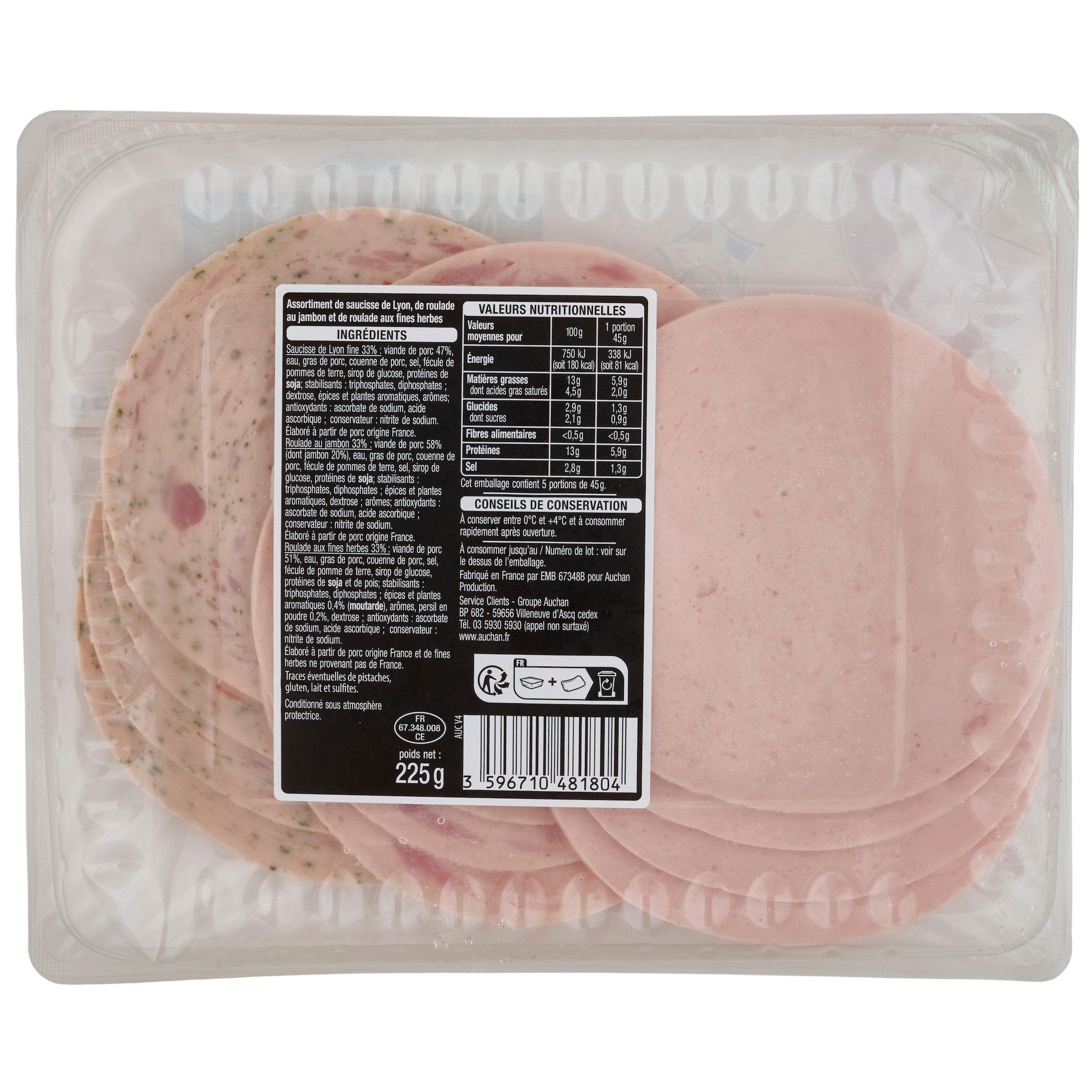 Voir la diapositive 2 : AUCHAN Assortiment roulades jambon, fines herbes et Lyon fines 225g