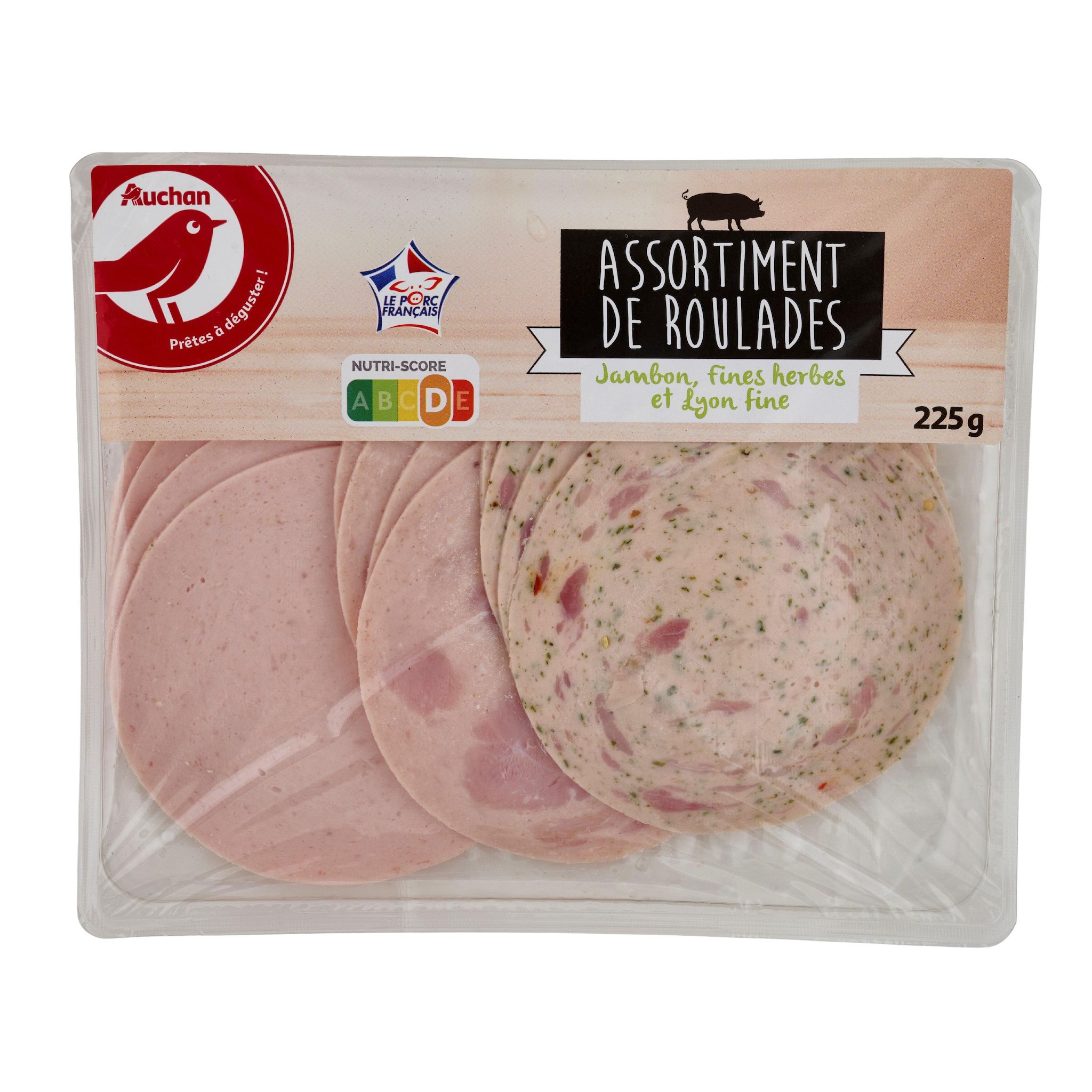 Voir la diapositive 3 : AUCHAN Assortiment roulades jambon, fines herbes et Lyon fines 225g