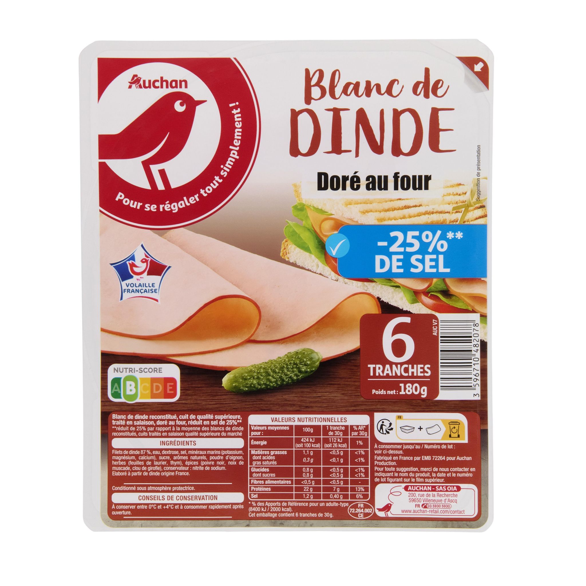 Voir la diapositive 2 : AUCHAN Blanc de dinde taux de sel réduit 6 tranches 180g