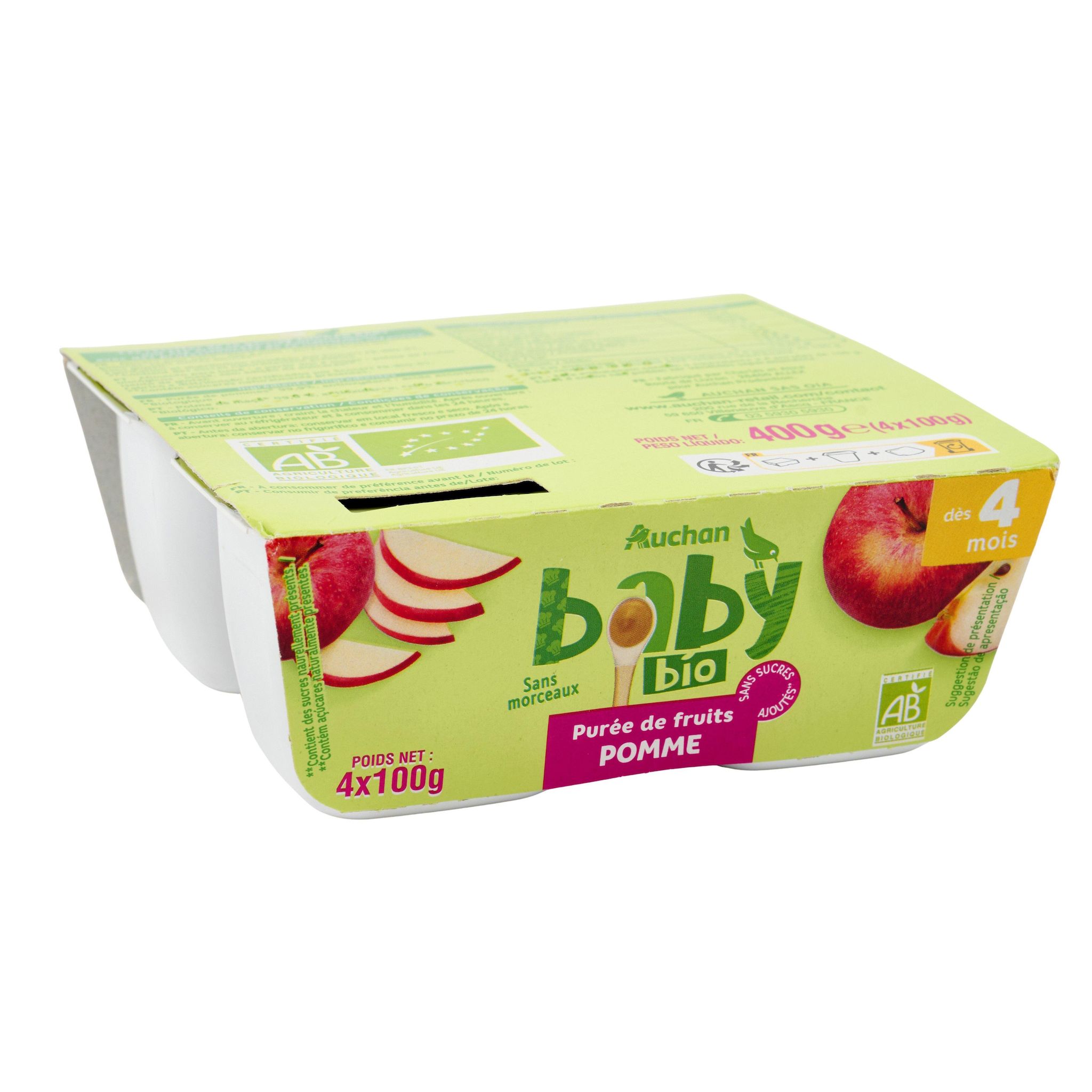 Voir la diapositive 3 : AUCHAN BABY BIO Petit pot dessert pomme dès 4 mois 4x100g