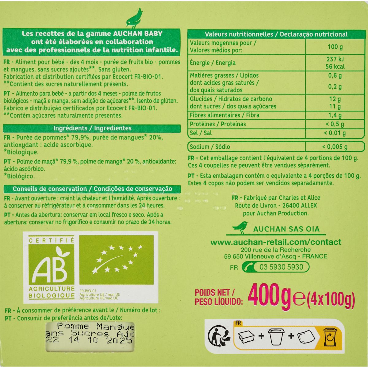 AUCHAN BABY BIO Petit pot dessert pomme mangue dès 4 mois 4x100g