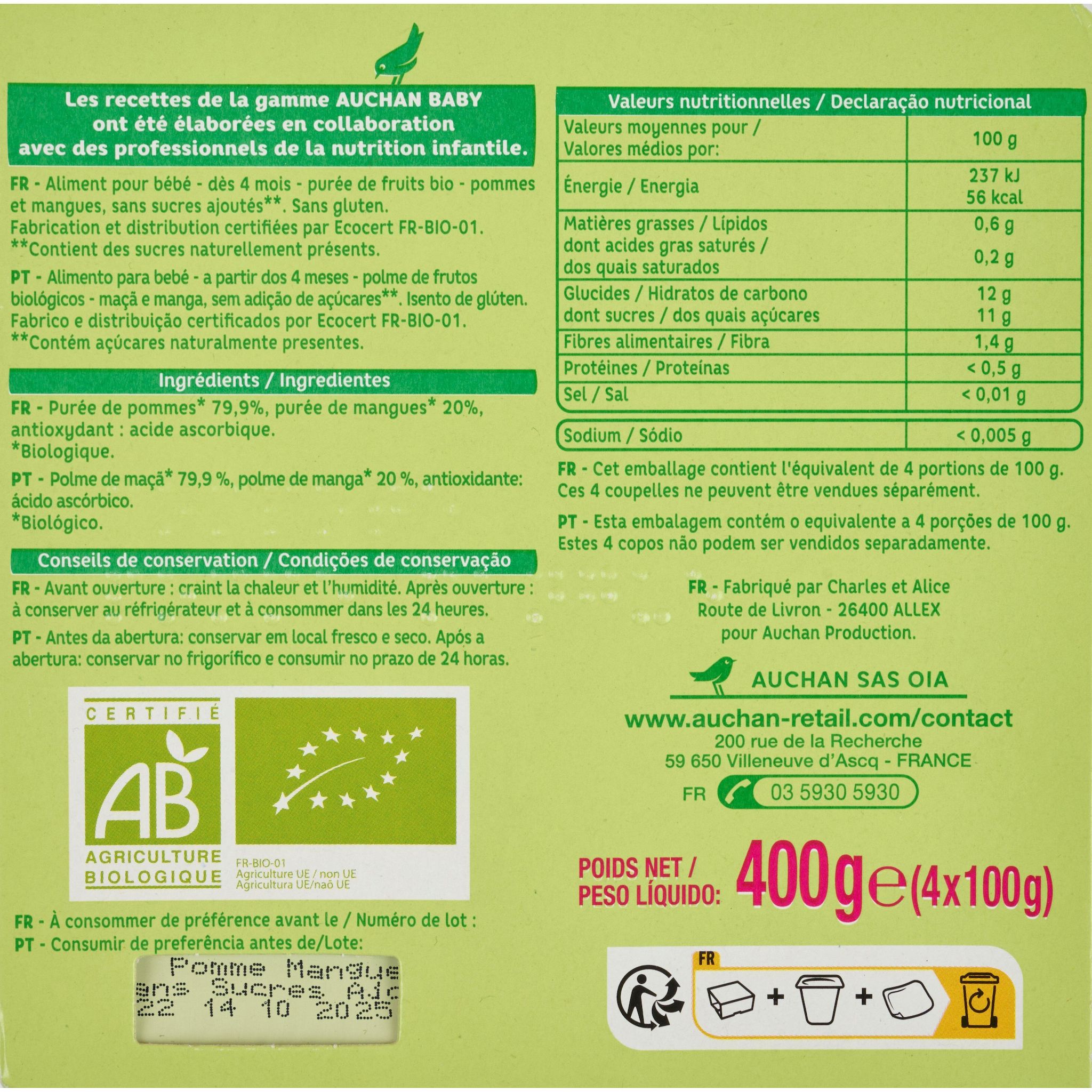 Voir la diapositive 2 : AUCHAN BABY BIO Petit pot dessert pomme mangue dès 4 mois 4x100g