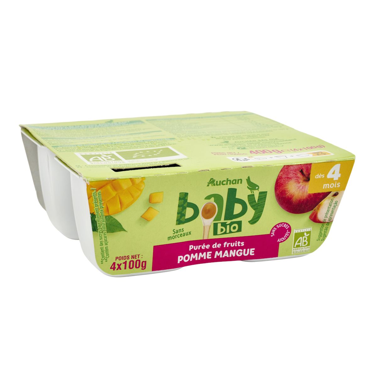 AUCHAN BABY BIO Petit pot dessert pomme mangue dès 4 mois 4x100g