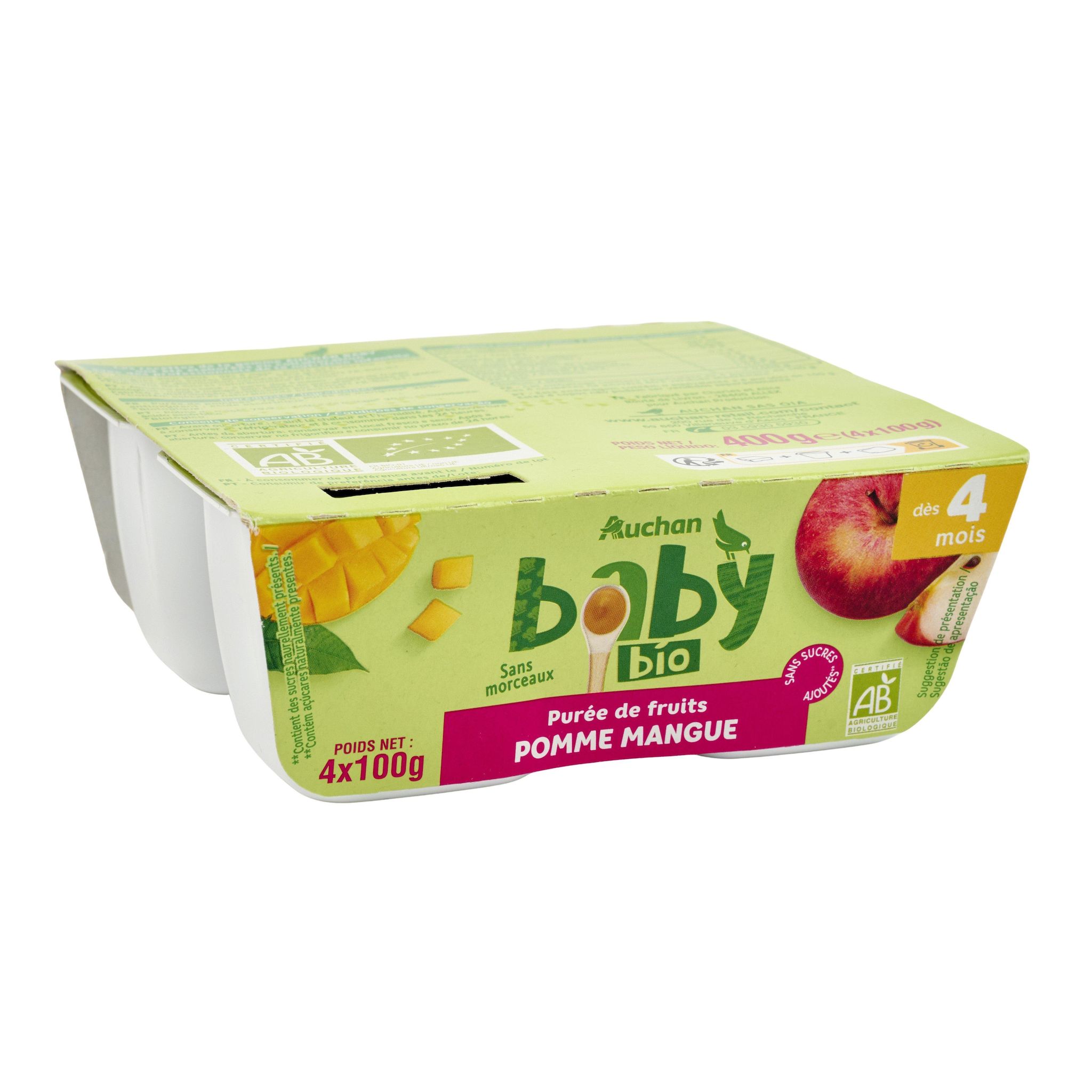 Voir la diapositive 3 : AUCHAN BABY BIO Petit pot dessert pomme mangue dès 4 mois 4x100g