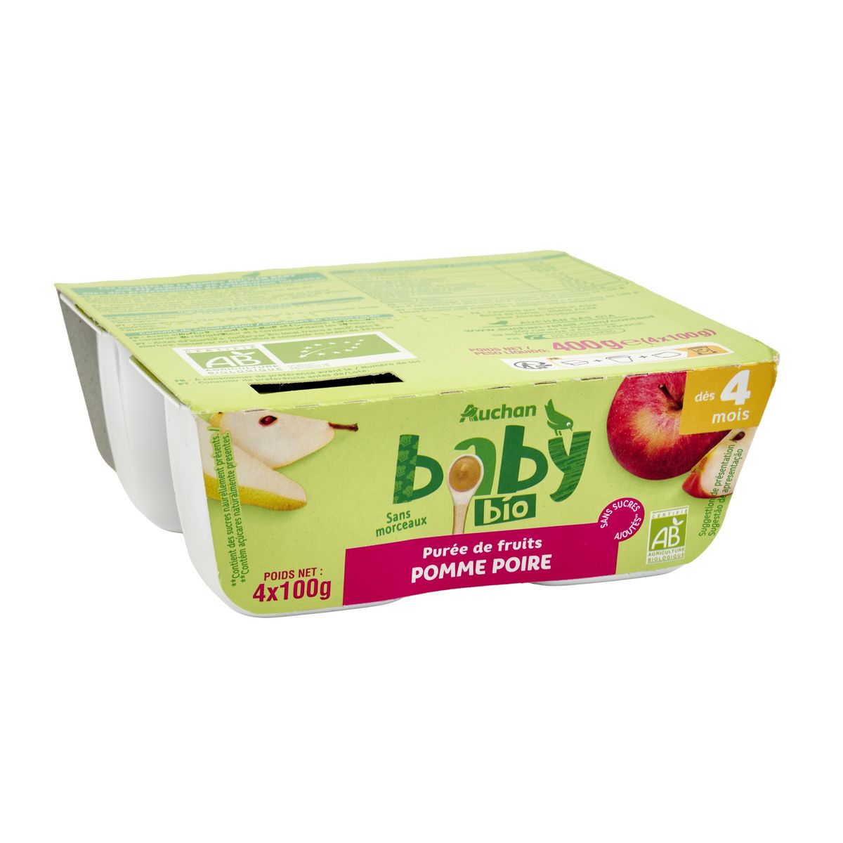 AUCHAN BABY BIO Petit pot purée de fruits pomme poire dès 4 mois 4x100g