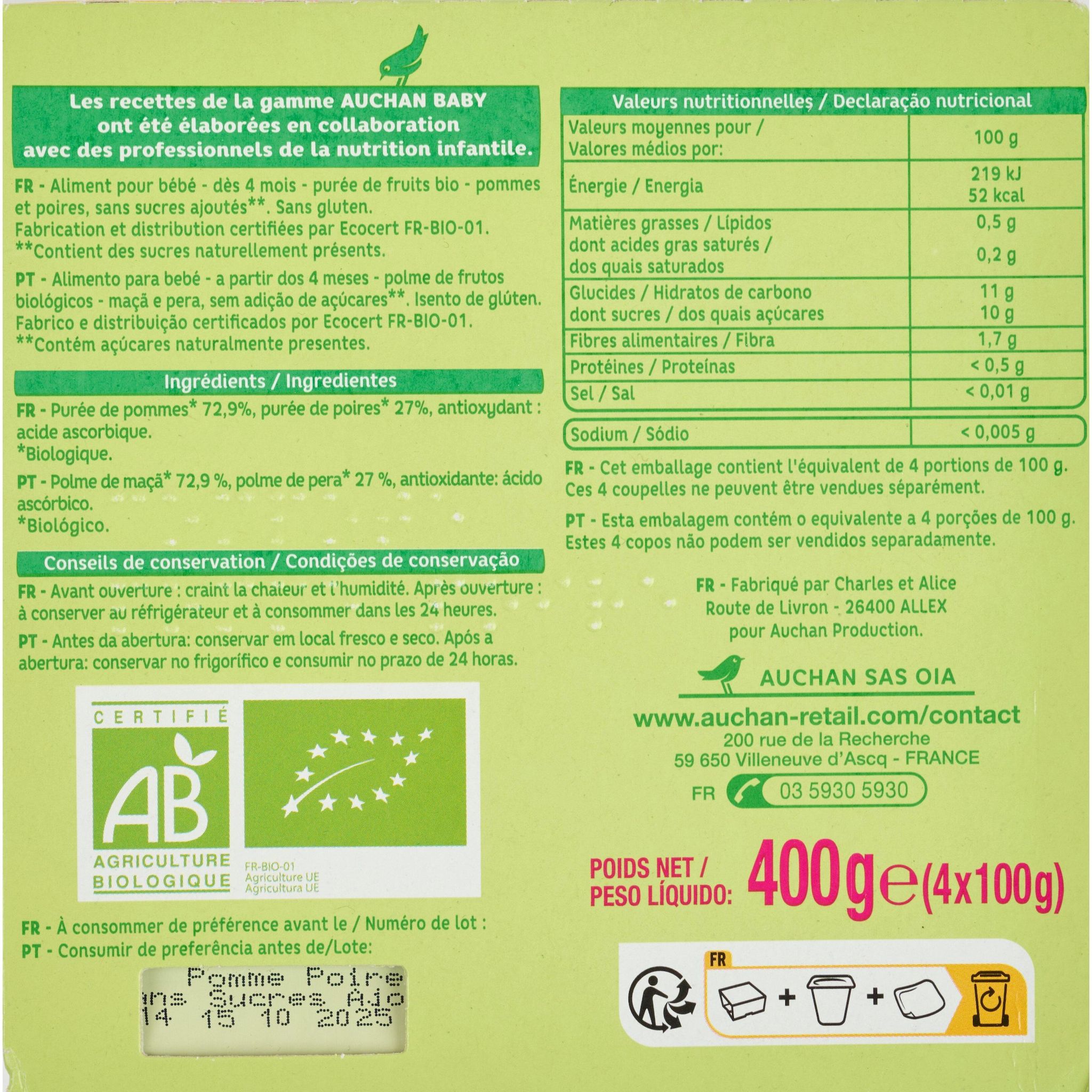 Voir la diapositive 2 : AUCHAN BABY BIO Petit pot purée de fruits pomme poire dès 4 mois 4x100g