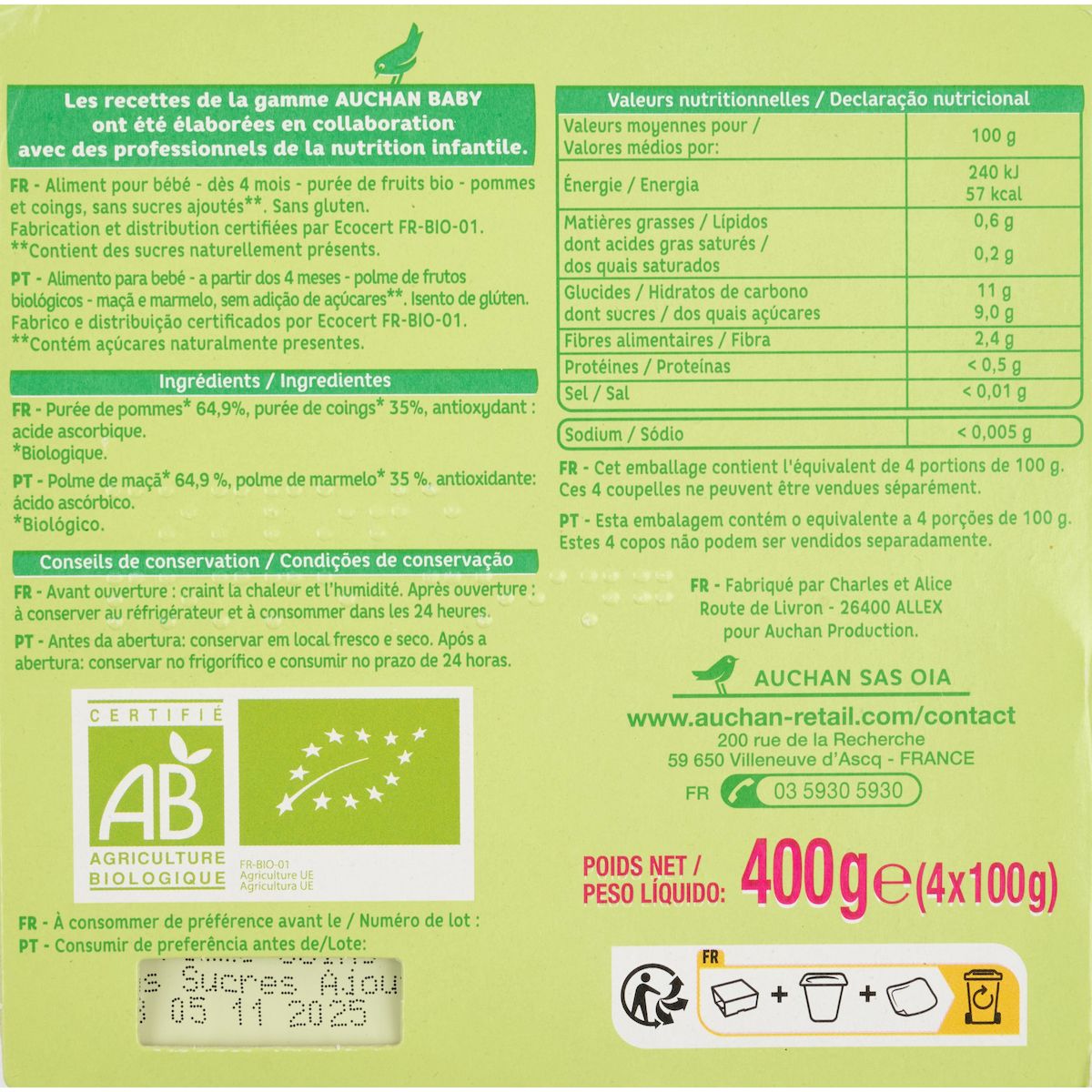 AUCHAN BABY BIO Petit pot dessert pomme coing dès 4 mois 4x100g